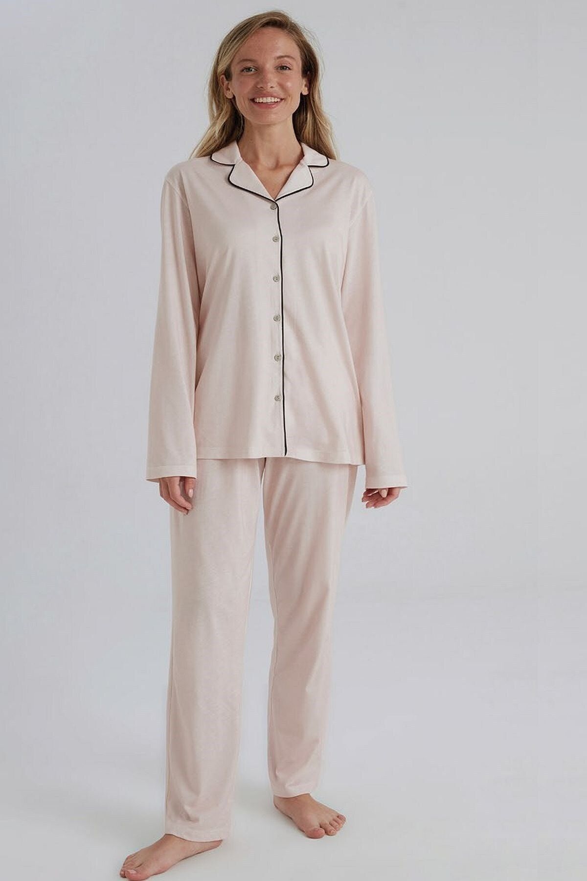 Eros 31800 Kadın Pudra Uzun Kollu Gömlek Pijama Takım