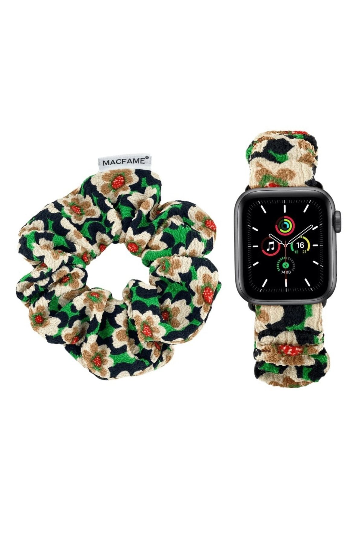 Macfame Apple Watch Uyumlu Loop Kordon Çiçek - Scrunchie Tokalı Set - 38mm/40mm/41mm - Sm Beden