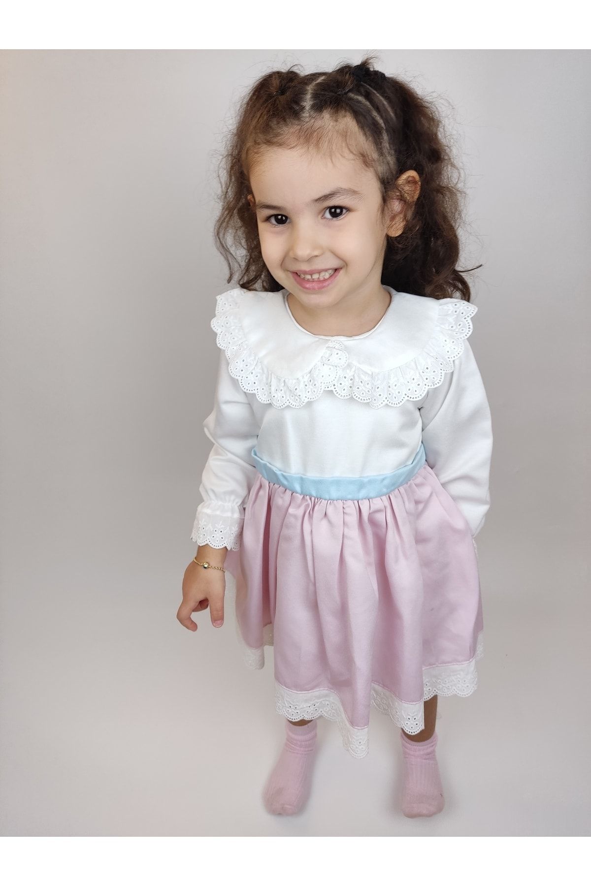 wmını Kız Bebek Uzun Kollu Beyaz Elbise - Kız Çocuk Fiyonklu Doğum Günü Elbisesi