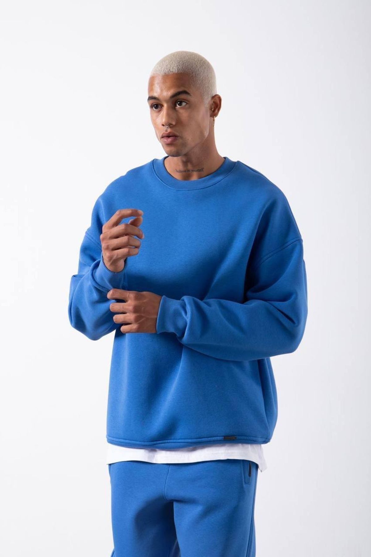 XHAN Mavi Organik Pamuklu Şardonlu Oversize Sweatshirt 3kxe8-46416-12