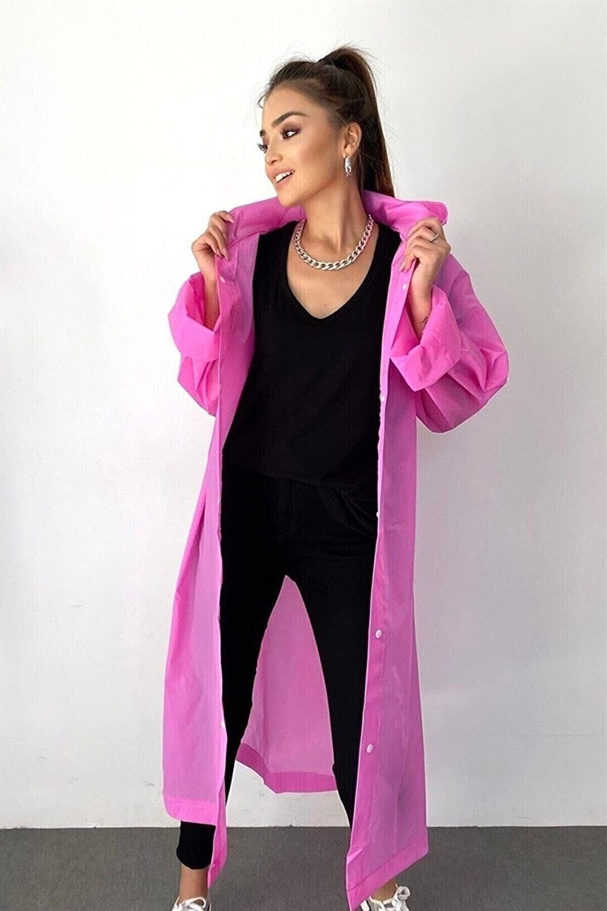 ÖNDER MODA Kadın Erkek Pembe Kapüşonlu Çıtçıtlı Eva Yağmurluk Rüzgarlık