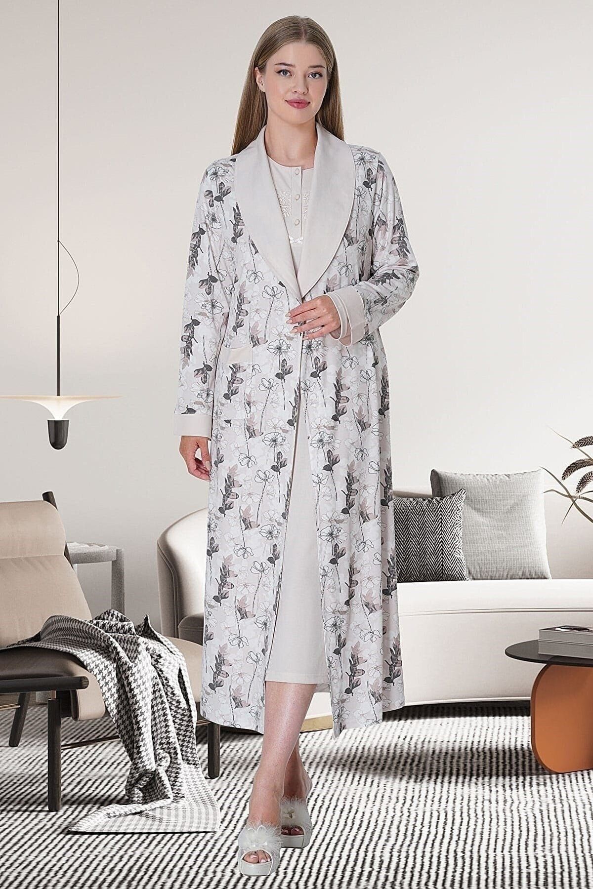 Mecit Pijama Sabahlıklı Büyük Beden Gecelik Takım 2'li Set Pembe
