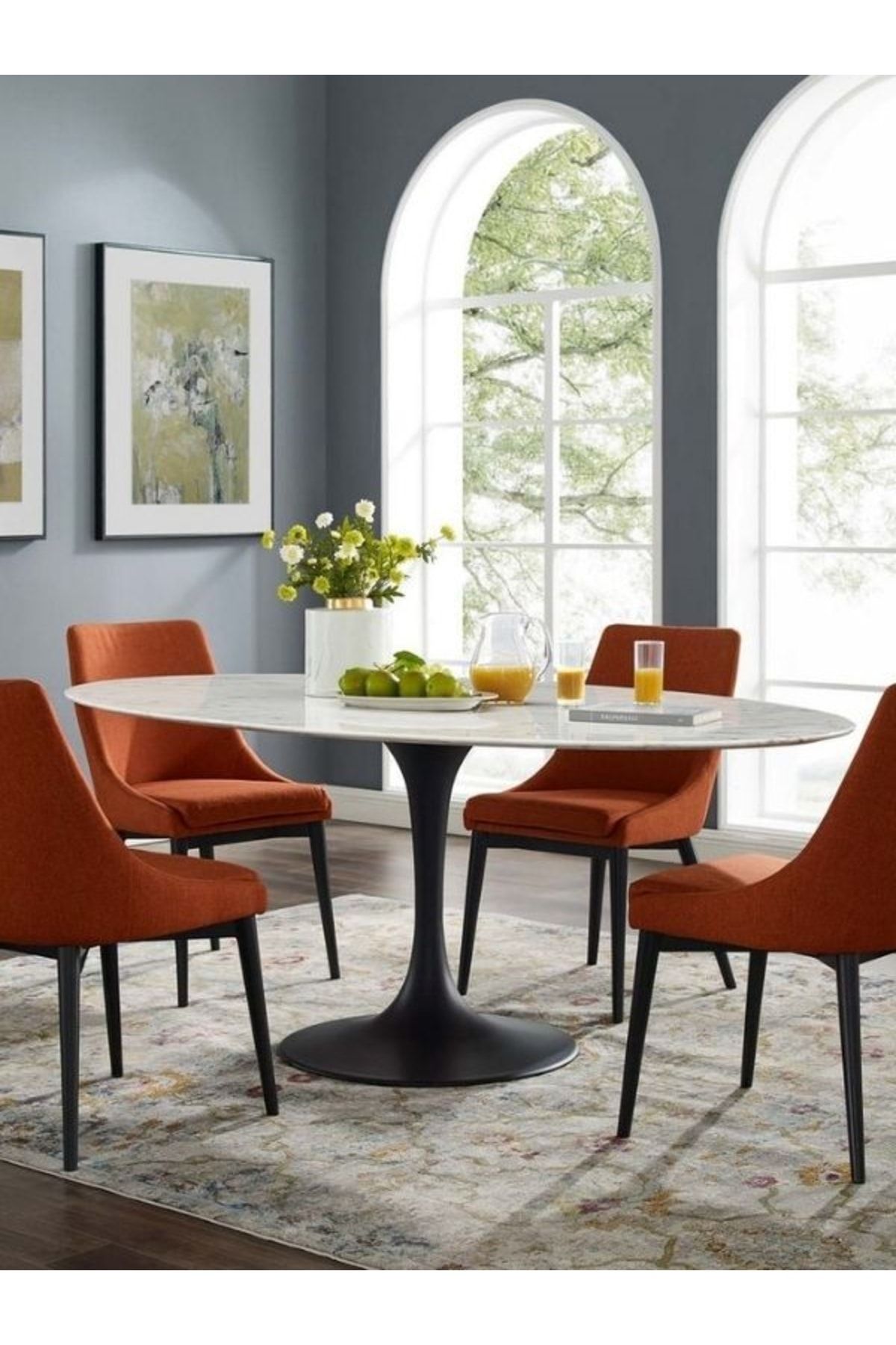 Evka Tulip Siyah Geniş Masa Beyaz Mermer, Yemek Masası, Mutfak Masası