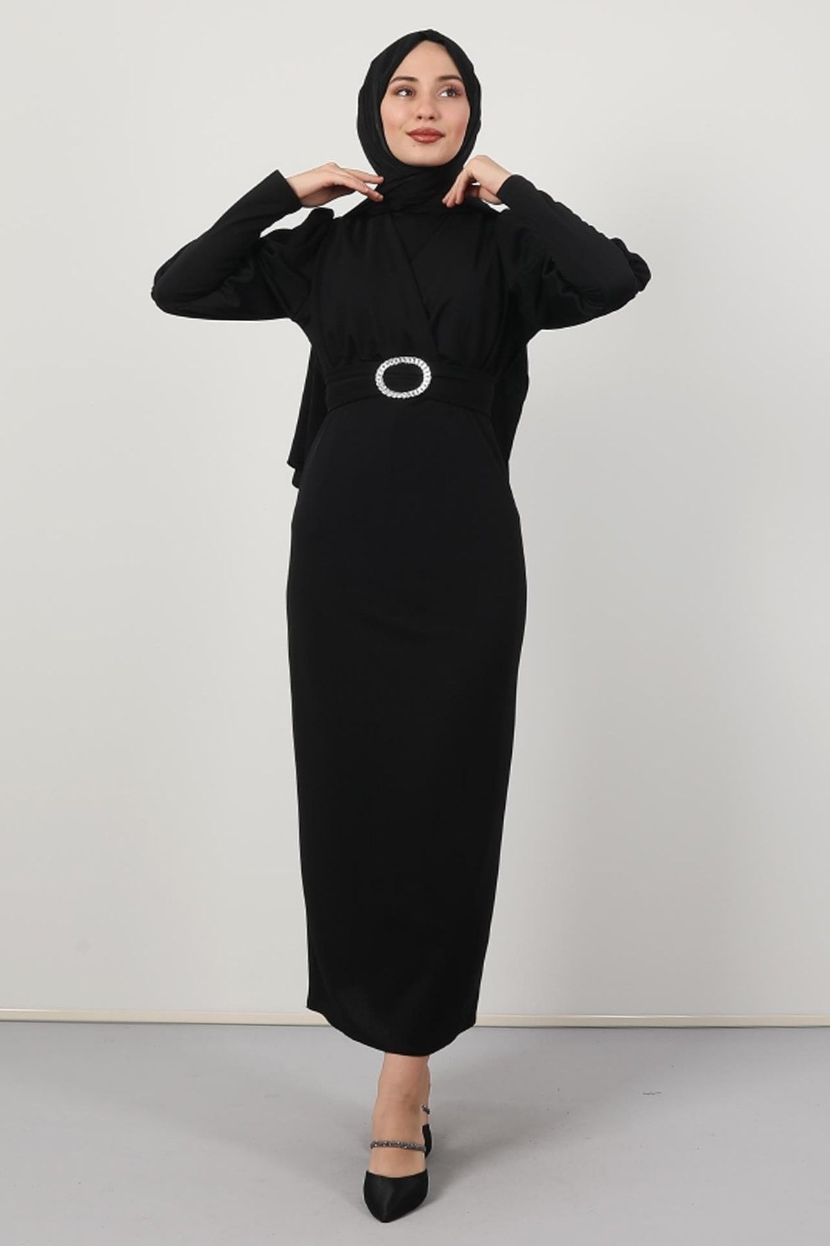 Giza Giyim Yakası Çapraz Elbise Siyah