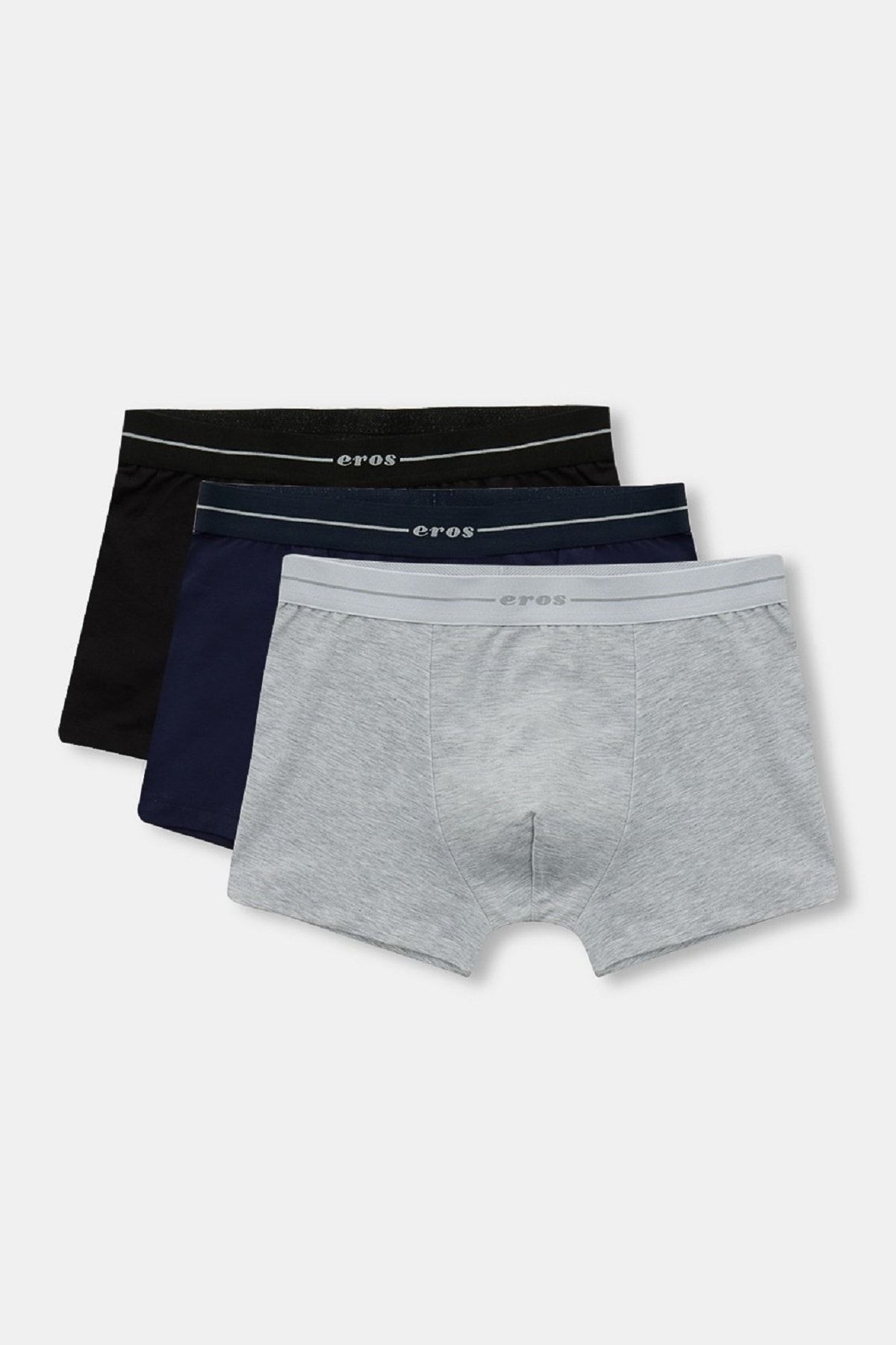 Eros 3 Lü Paket Pamuklu - Likralı Erkek Boxer Set Lacivert - Gri - Siyah
