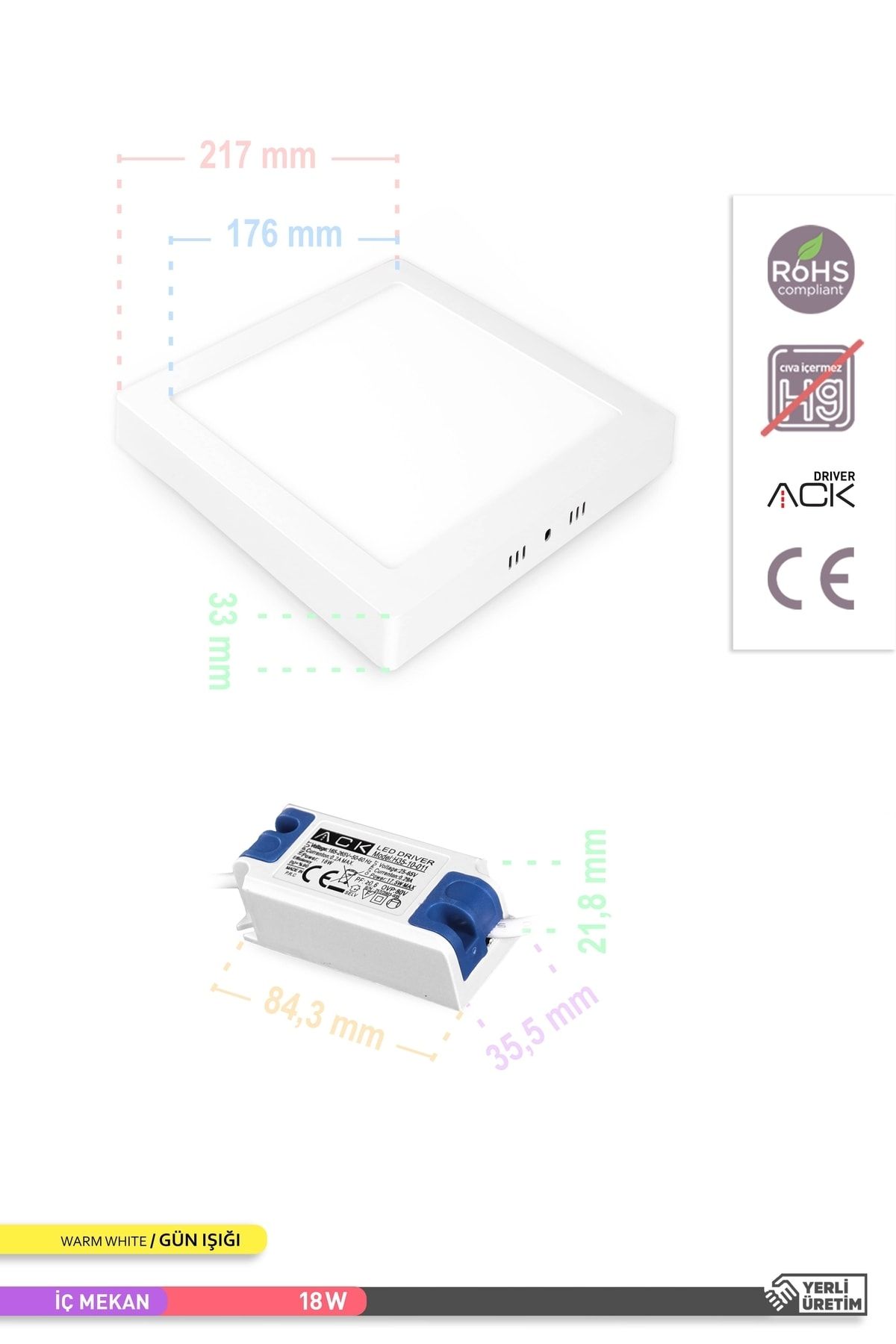 Ack 18W Sıva Üstü Kare Led Panel Armatür - 3000K Gün Işığı