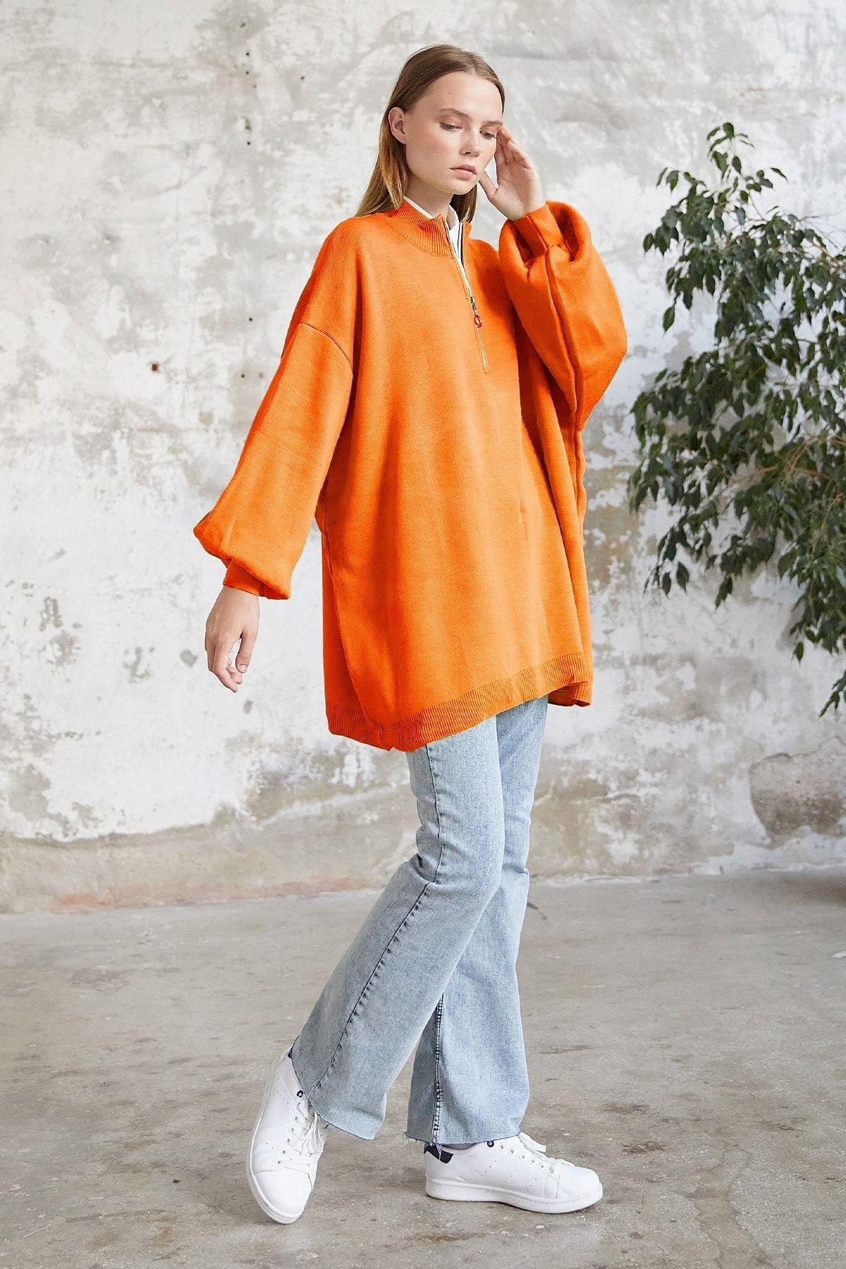 InStyle Sara Fermuarlı Triko Tunik - Oranj