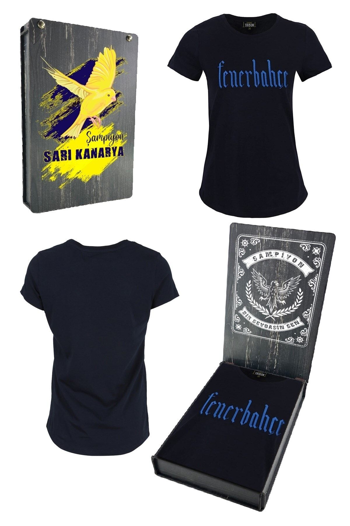 Fenerbahçe Orijinal Kadın Lacivert Kabartma Nakışlı T-shirt  Ahşap Kutulu