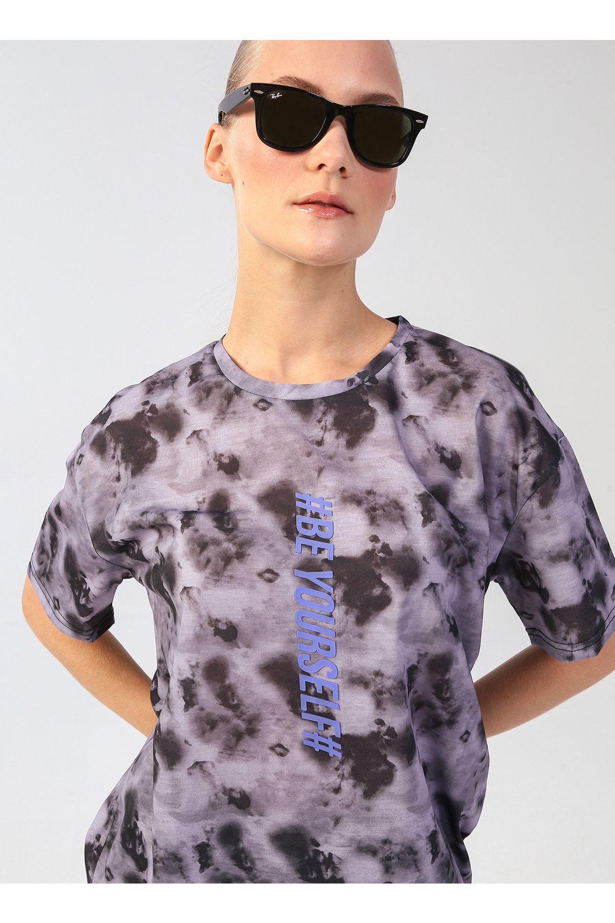 LİMON COMPANY Limon Bisiklet Yaka Batik Gri Kadın T-shirt Alley
