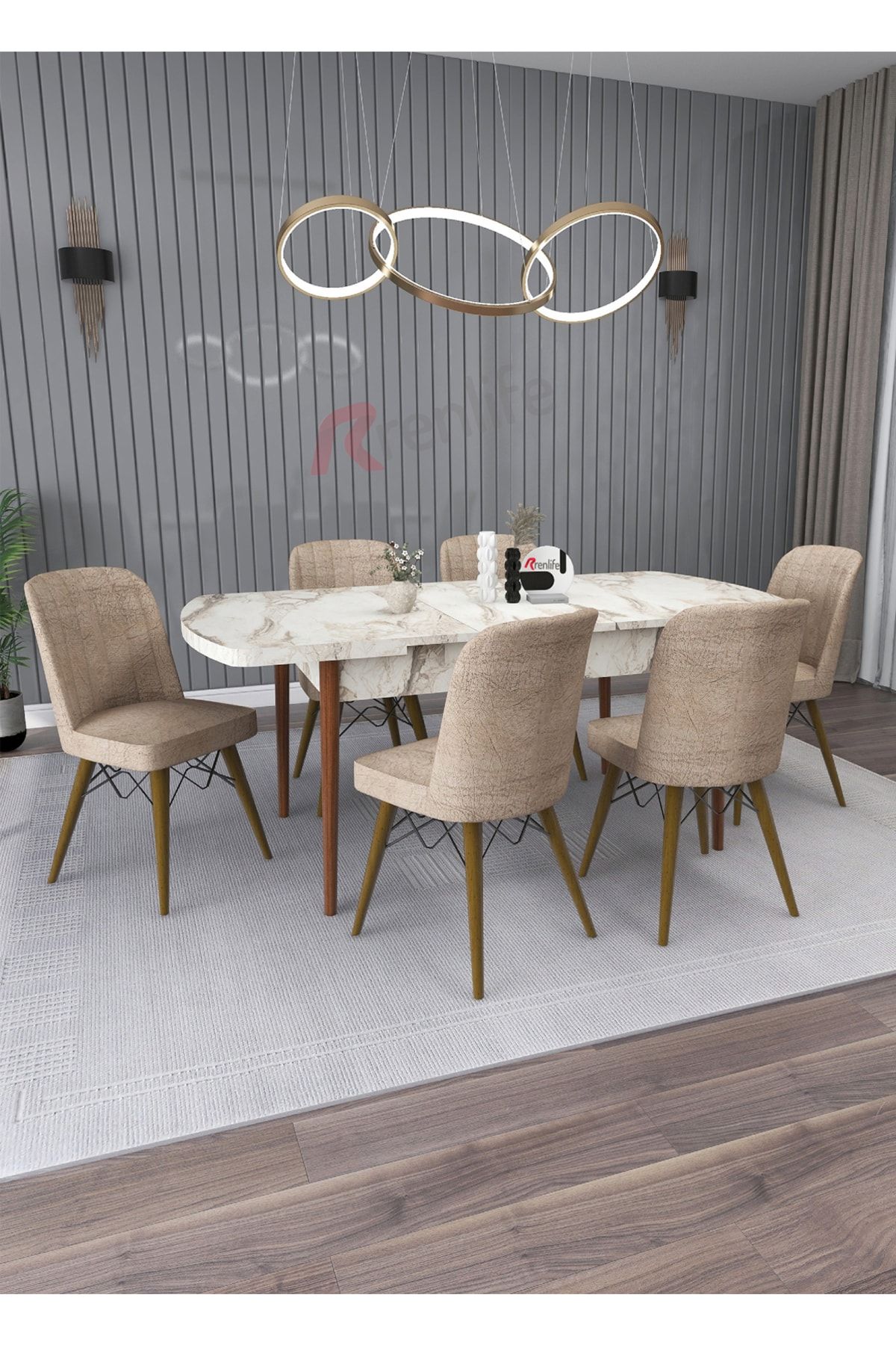 Renlife Masa Sandalye Takımı Salon/mutfak Masası Açılabilir 6 Kişilik (b.mermer-cappuccino Sandalye)