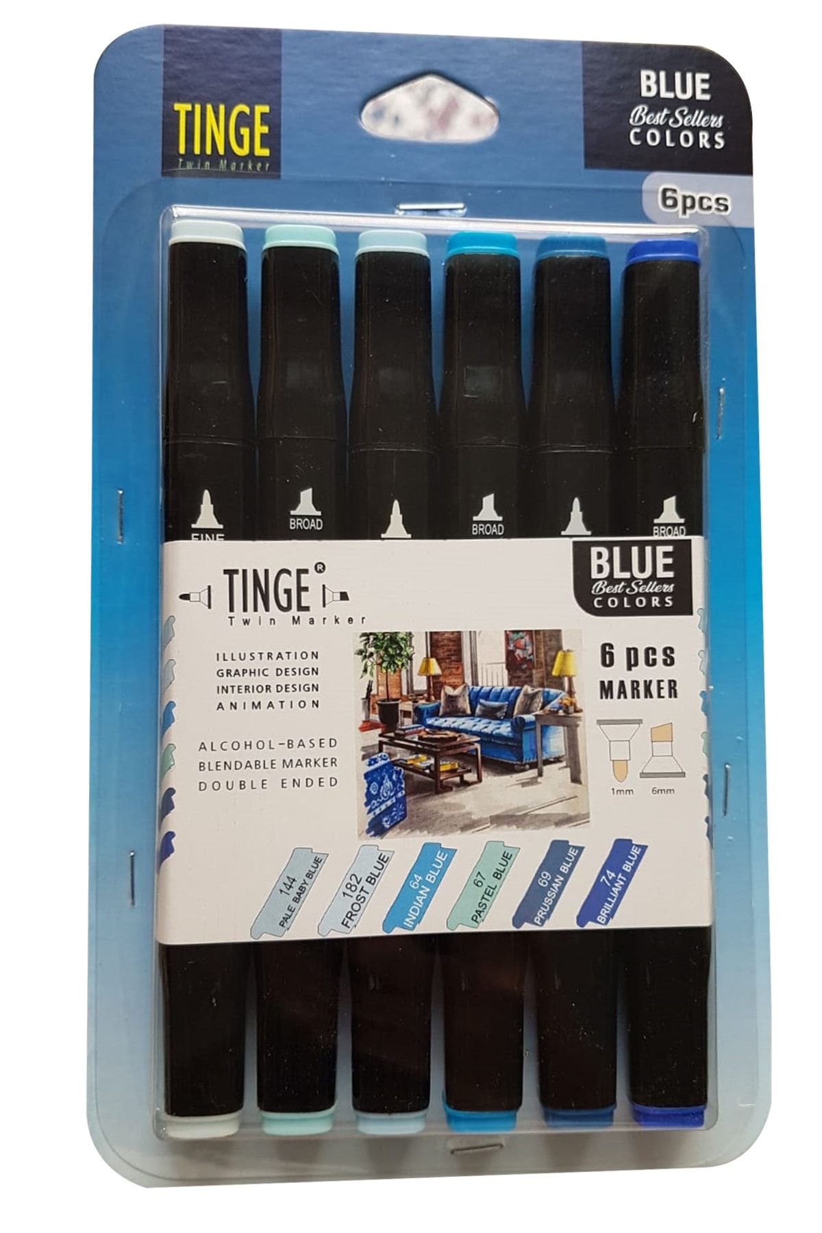 Tinge Marker Kalem - 6'lı Blue Mavi Renk Seti - Marker