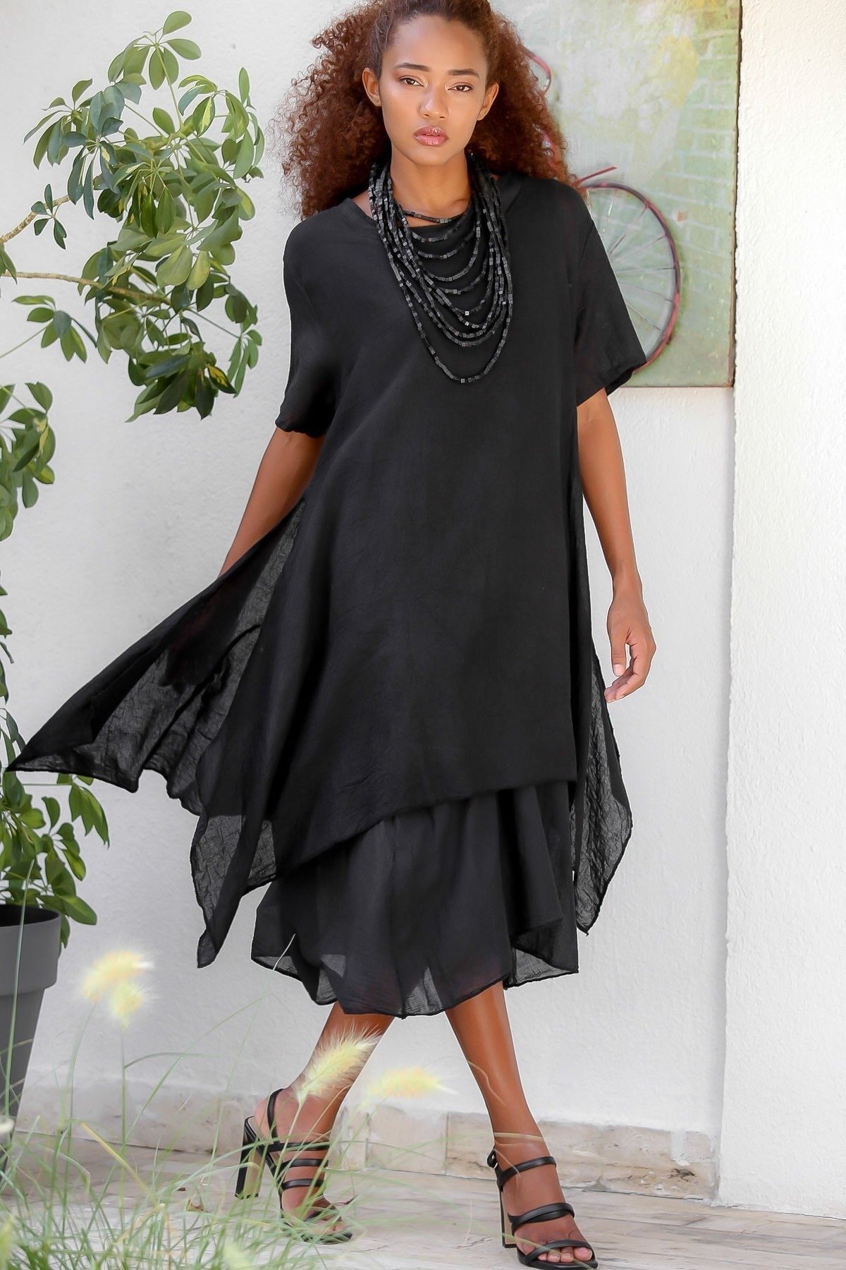 Chiccy Kadın Siyah Italyan Ikili Asimetrik Oversize Dokuma Elbise M10160000el94538
