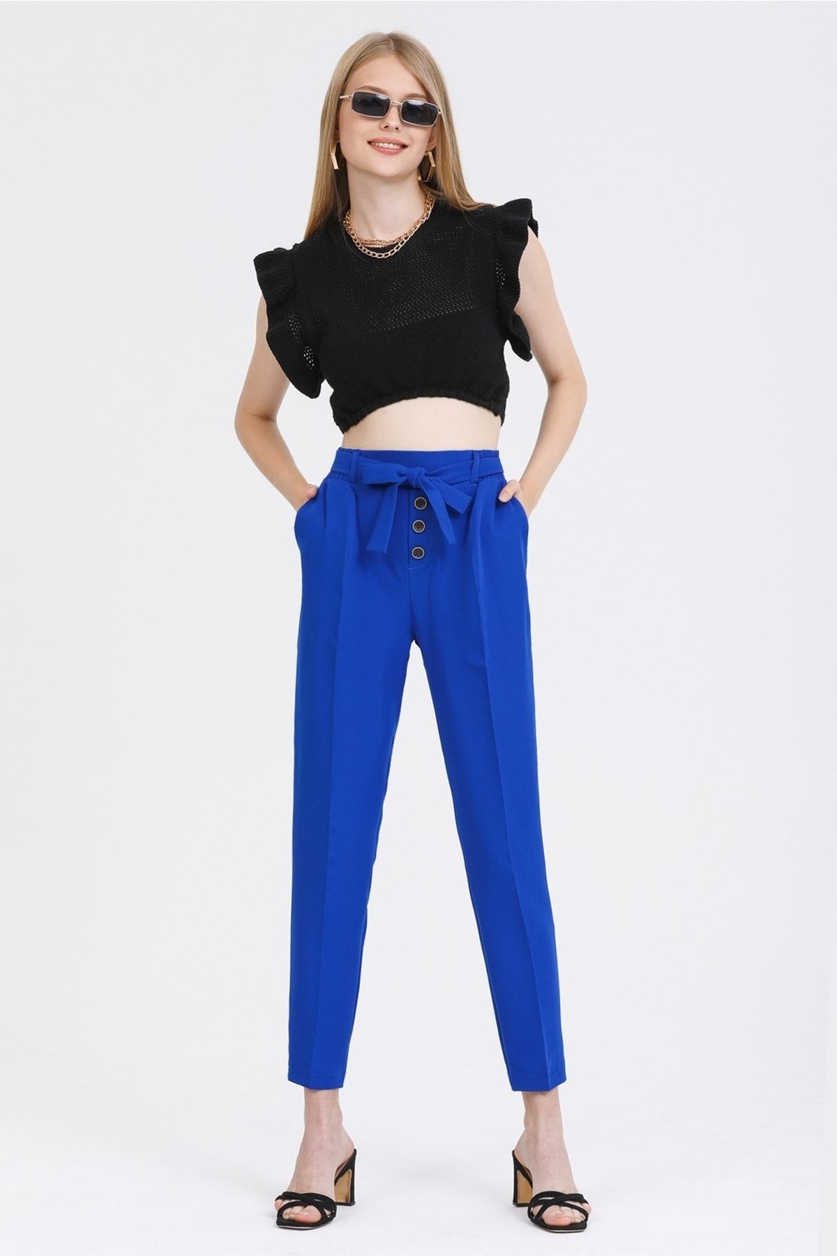 MD trend Kadın Saks Düğme Detaylı Yüksek Bel Kuşaklı Kumaş Pantolon