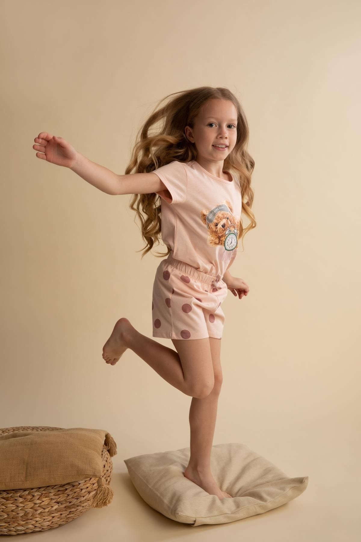 Defacto Kız Çocuk Regular Fit Ayıcık Baskılı Pamuklu Kısa Kollu Şort Pijama Takım