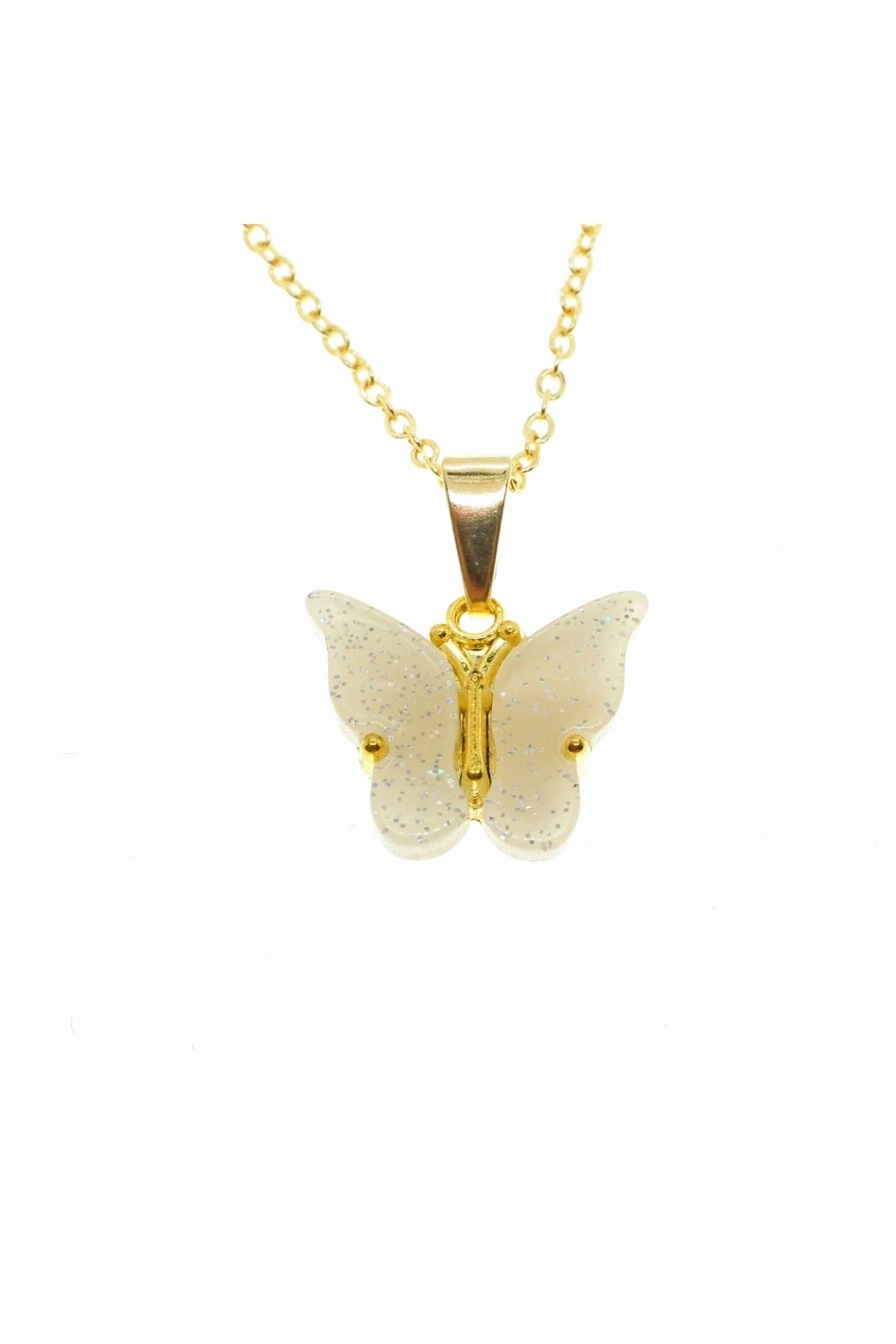 X-Lady Accessories Altın Renk Zirkon Taşlı Beyaz Kelebek Kolye - 1878