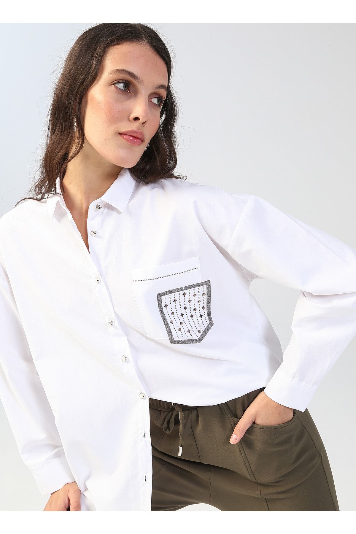 Fabrika Comfort Gömlek Yaka Düz Beyaz Kadın Gömlek Cm-marek