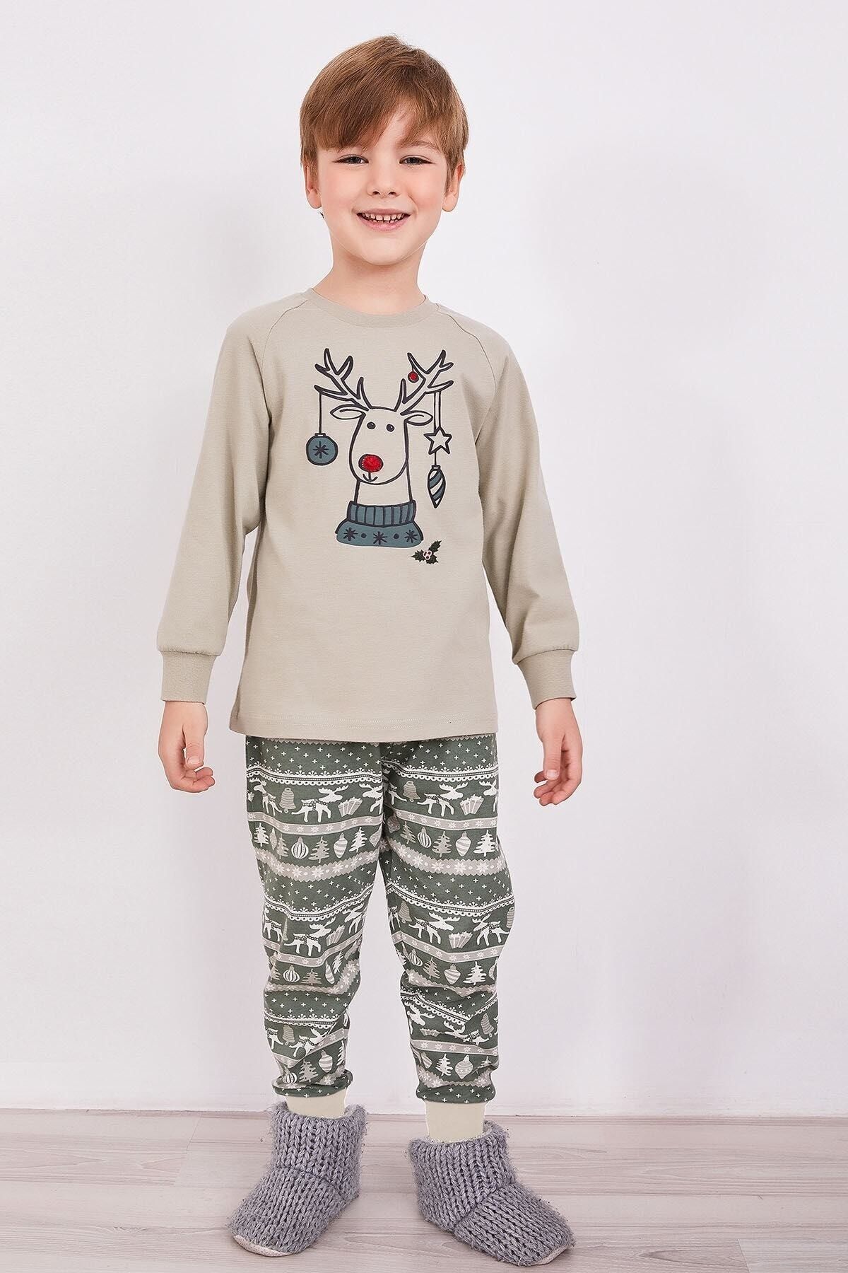 Arnetta Deer Açık Haki Erkek Çocuk Uzun Kol Pijama Takım