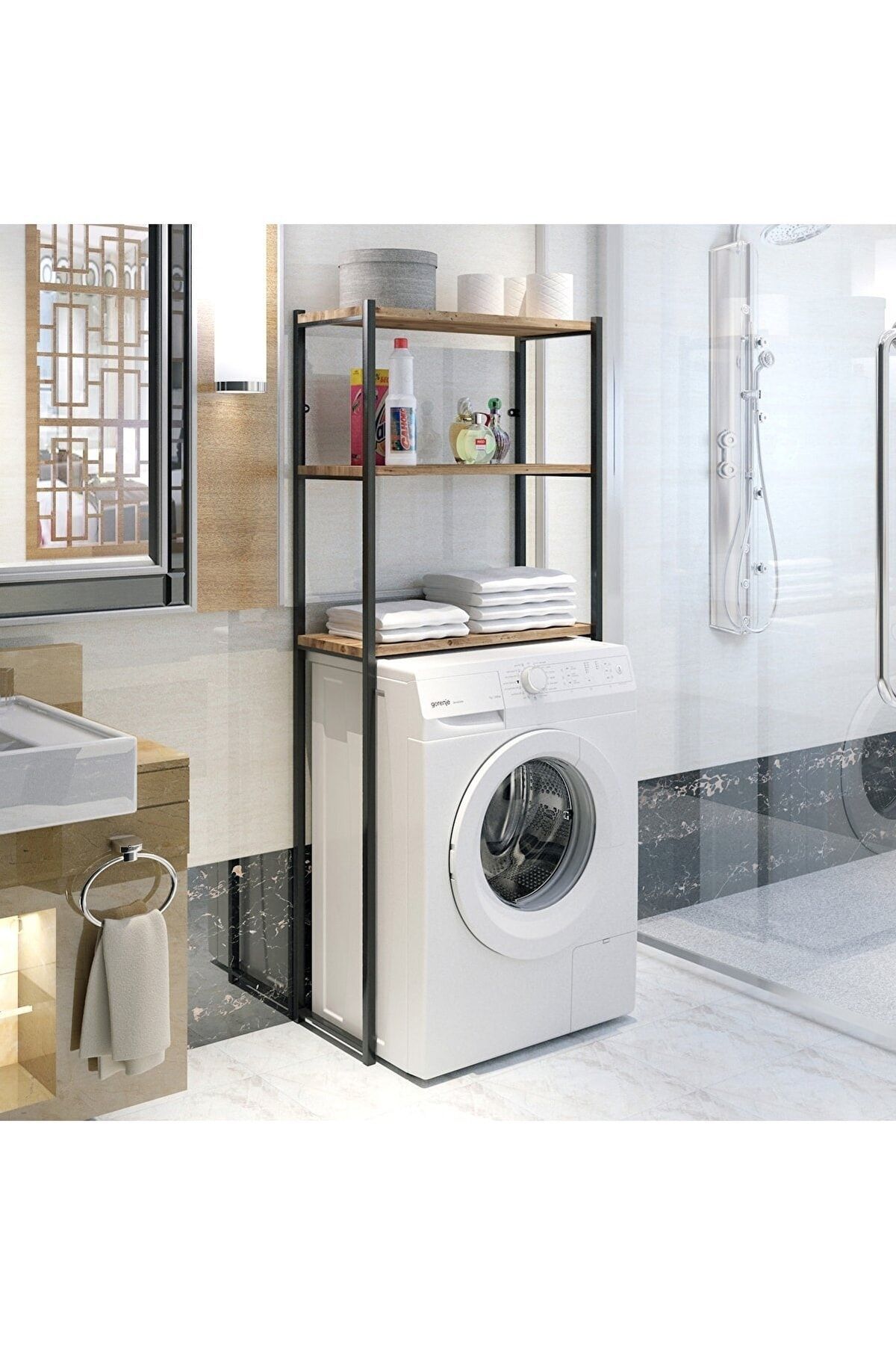 Genel Markalar Çamaşır Makinesi Üstü Düzenleyici Raf Banyo Dolabı Rafı Makine Üstü Ceviz 3 Raflı Banyo Düzenleyici