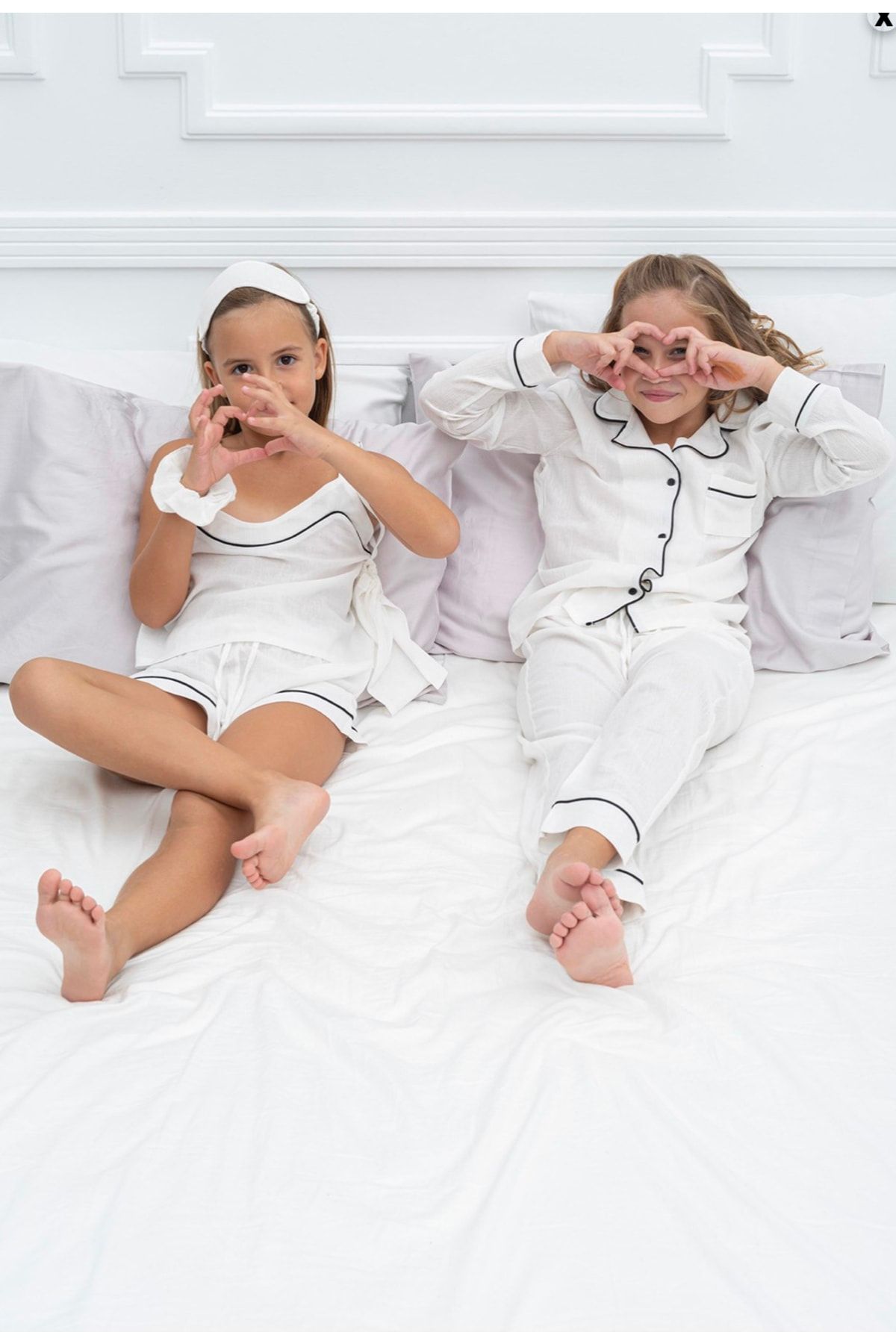 Lolliboomkids Kız Çocuk %100 Organik Pamuk Siyah Biyeli Ekru Renk Kısa - Uzun 7 Parçalı Pijama Takımı Kombin