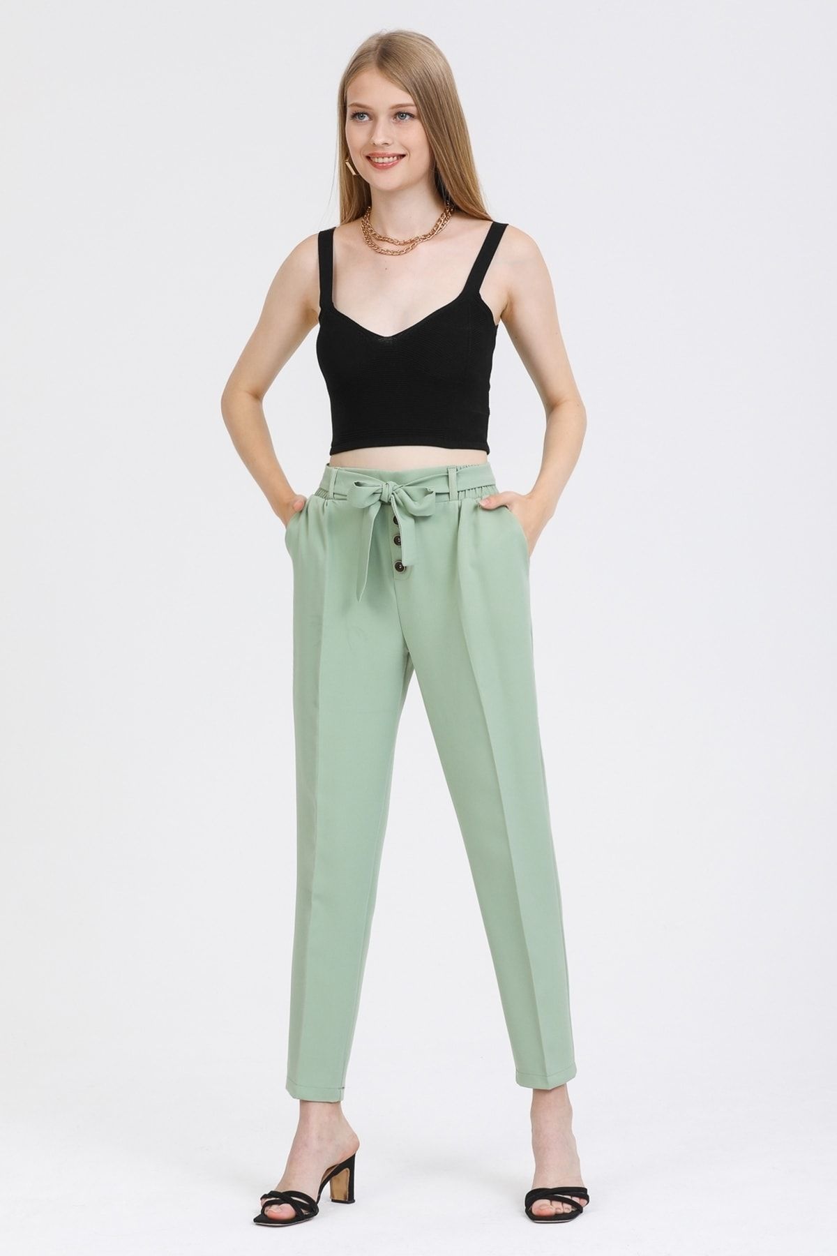 MD trend Kadın Mint Yeşil Düğme Detaylı Yüksek Bel Kuşaklı Kumaş Pantolon