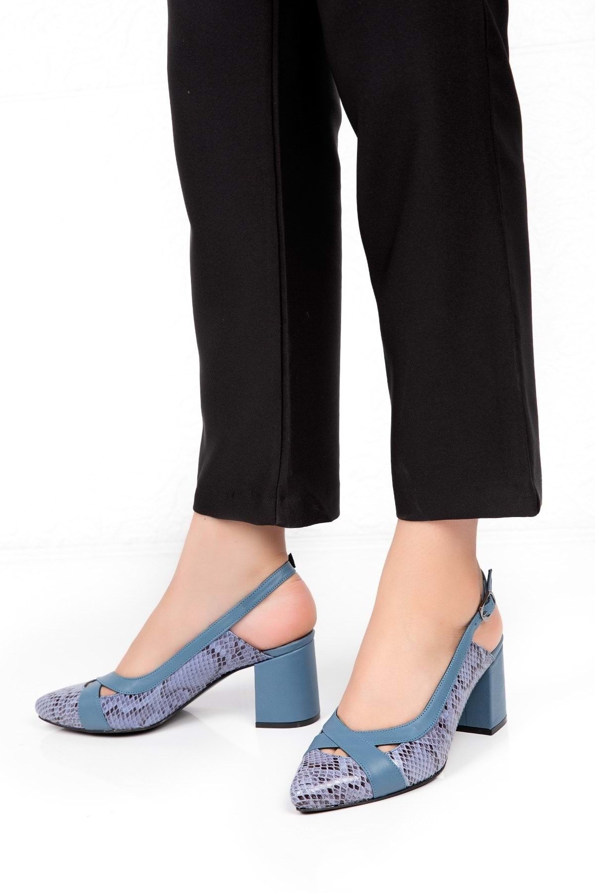 Gondol Hakiki Deri Yılan Desen Ayrıntılı Topuklu Ayakkabı Şhn.0738 - Mavi - 39