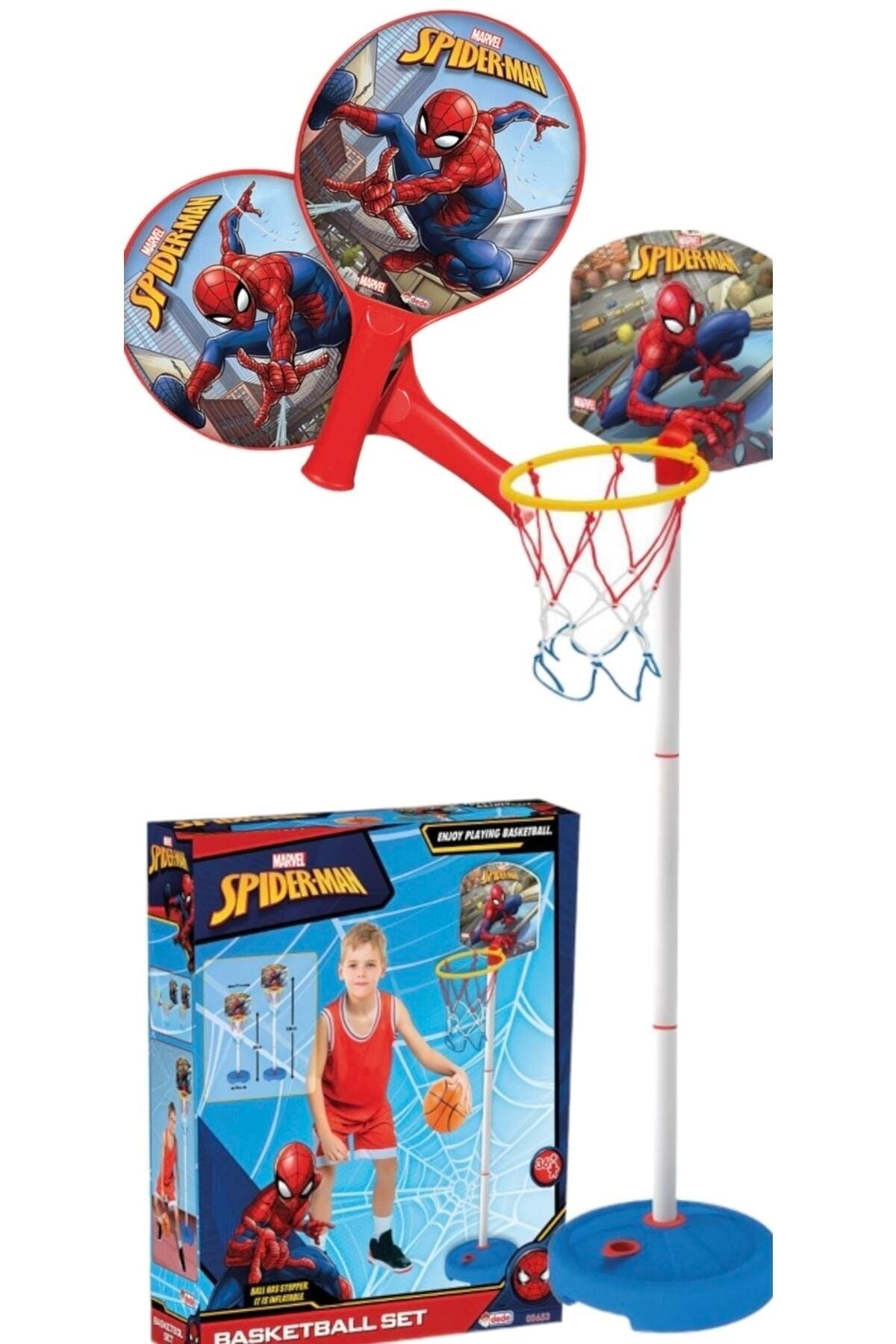 SAZE Hediyelik Spiderman Küçük Ayaklı Basket Potası+spiderman Erkek Oyuncak Raket Seti 2li Set