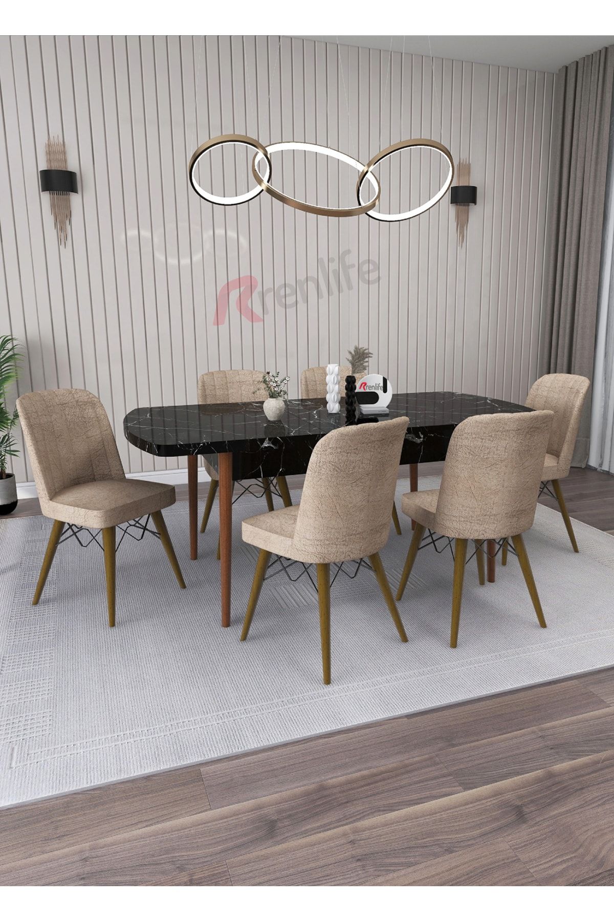 Renlife Masa Sandalye Takımı Salon/mutfak Masası Açılabilir 6 Kişilik (s.mermer-cappuccino Sandalye)