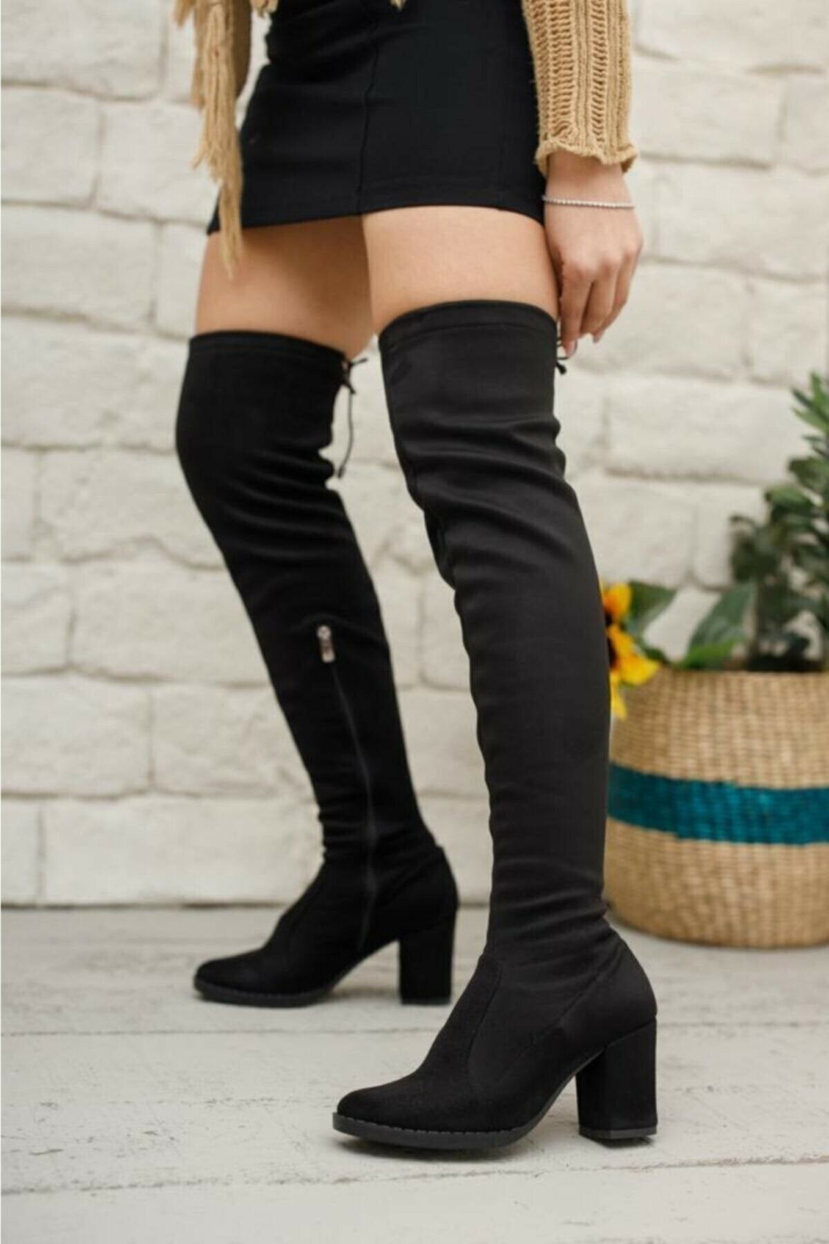 İmerShoes Kadın Siyah Streç Çorap Süet Kalın Topuklu Diz Üstü Çizme