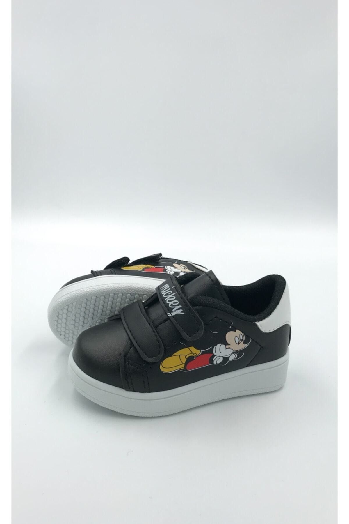 DARKLOW Md-01 Mickey Desenli Çocuk Spor Sneaker Günlük Cırtlı Spor Ayakkabı Siyah Beyaz