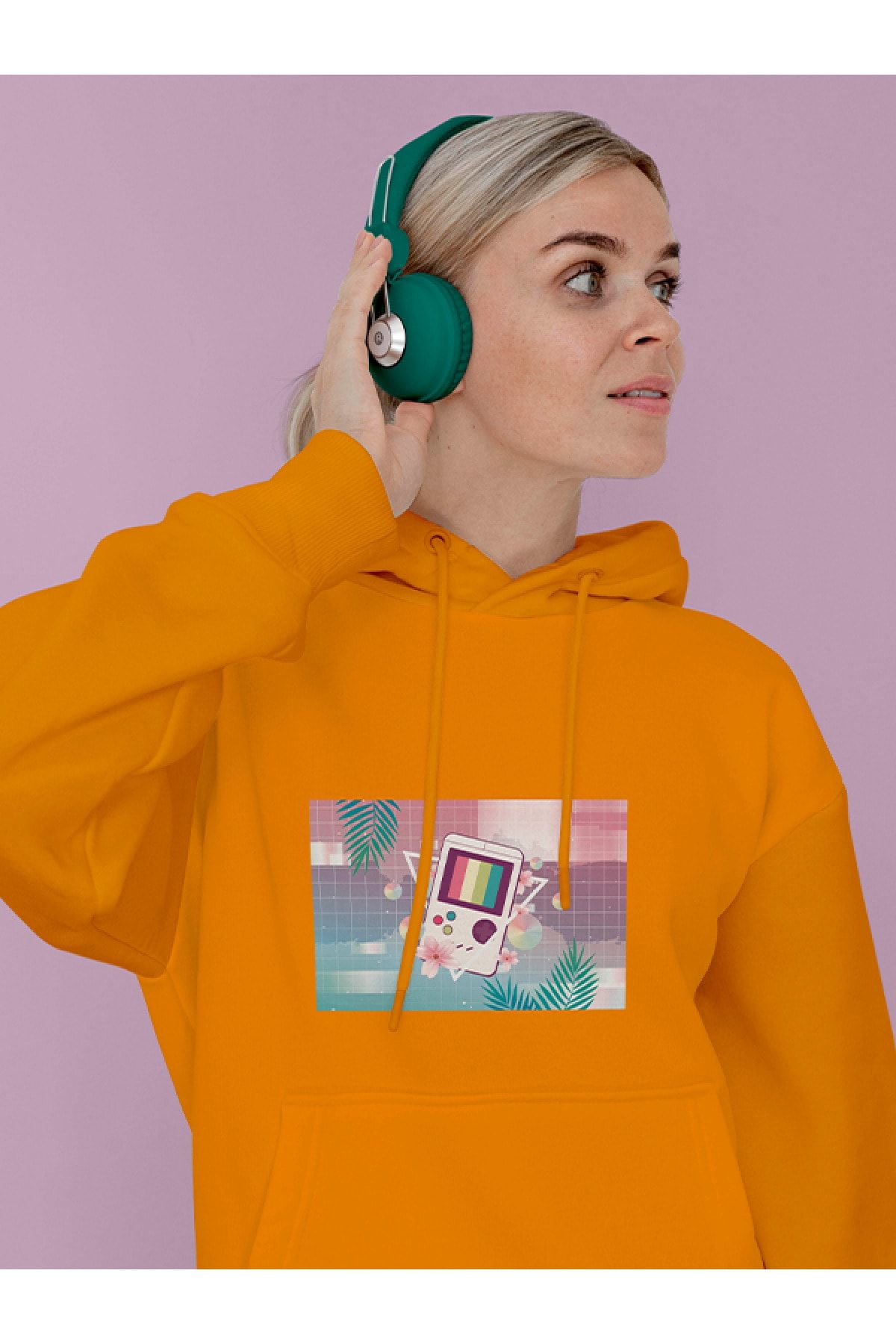 MIJUSTORE Vapor Wave Tetris Design Baskılı Tasarım 3 Iplik Kalın Sarı Hoodie Sweatshirt