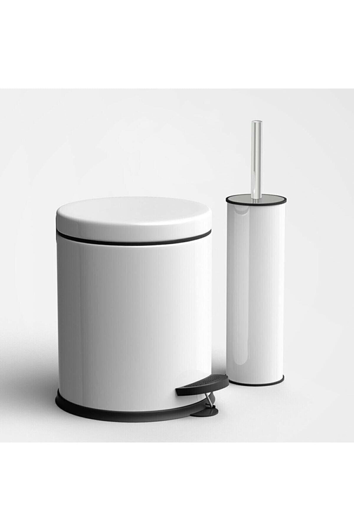 GörSeç 3 Litre Beyaz 2'li Banyo Seti Pedallı Çöp Kovası Wc Klozet Tuvalet Fırça Seti Banyo Çöp Kovası