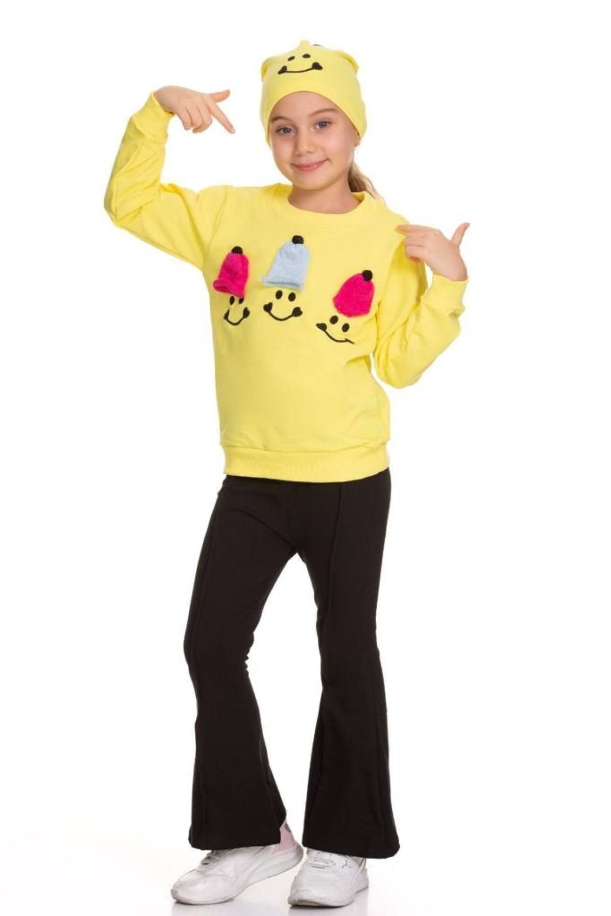 Lolliboomkids Kız Çocuk Emoji Smile Bereli Pamuk 2 Ip Likralı Ispanyol Paça Pantalonlu Sweatshirt 3'lü Takım