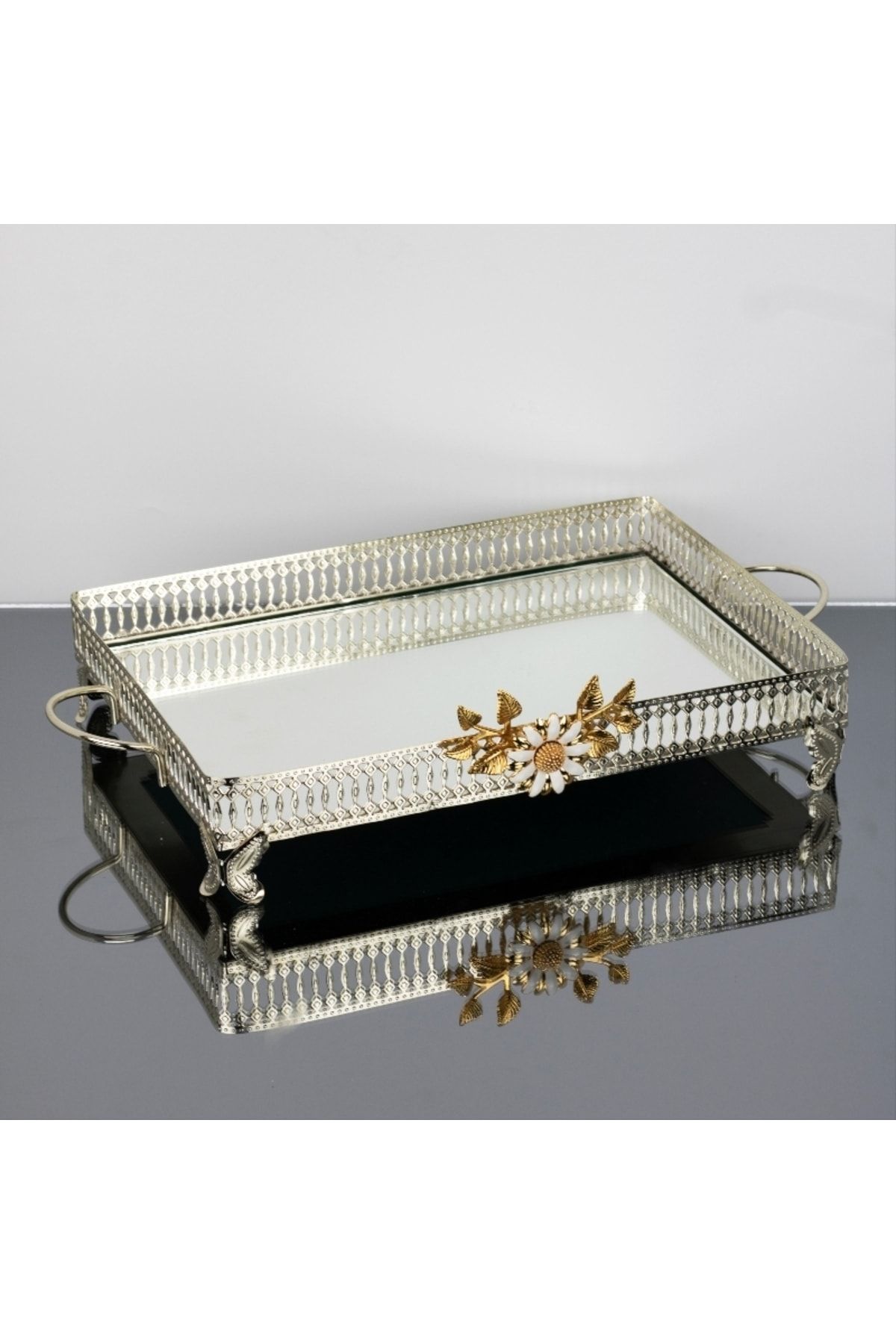 İnova Home Decor Firuze Çiçek Detaylı Gümüş Aynalı Nişan- Söz Tepsisi - Aynalı Tepsi 37 X 26 Cm - Büyük Boy