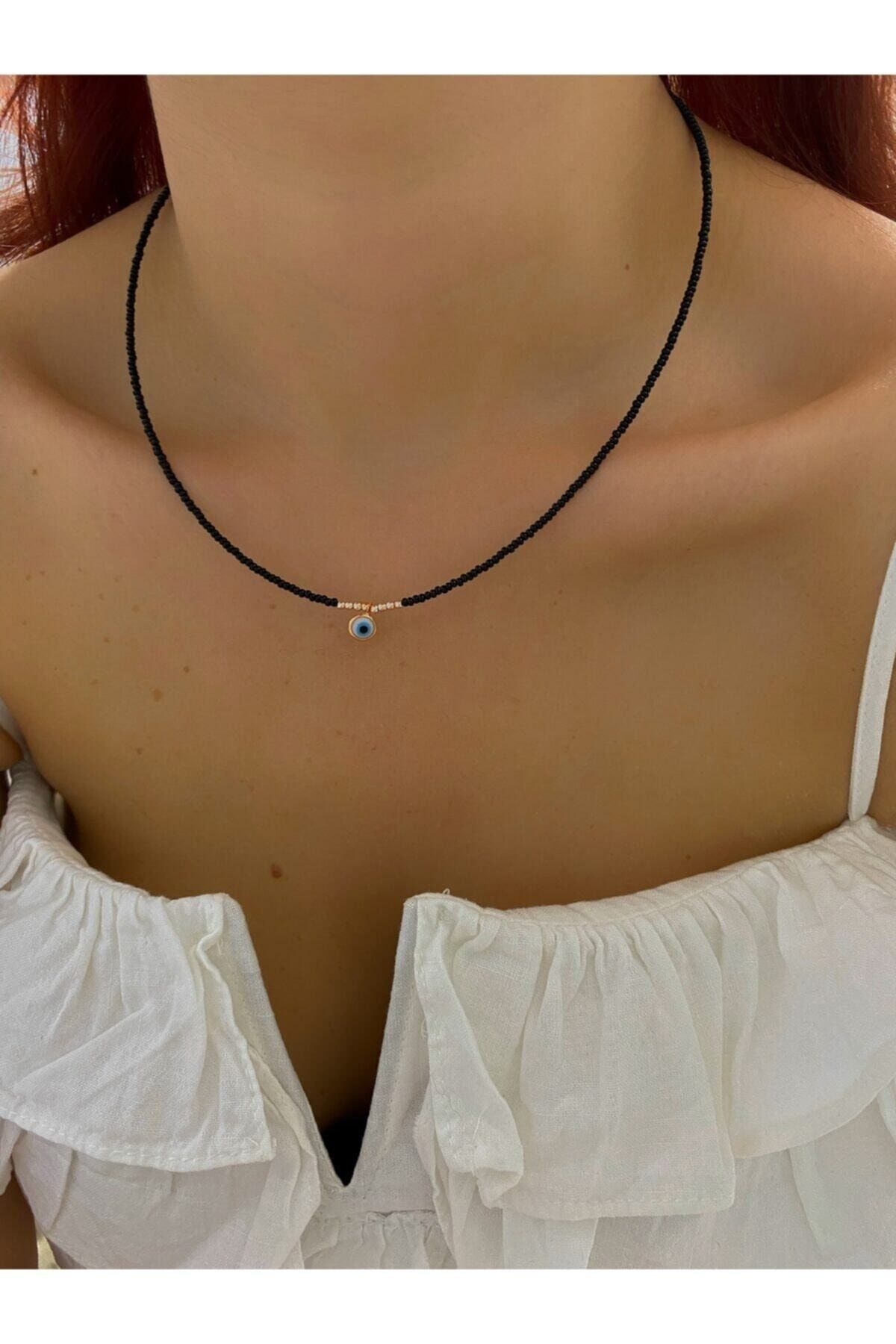 Everglow Jewelry Minimal Nazar Boncuklu Kolye Siyah