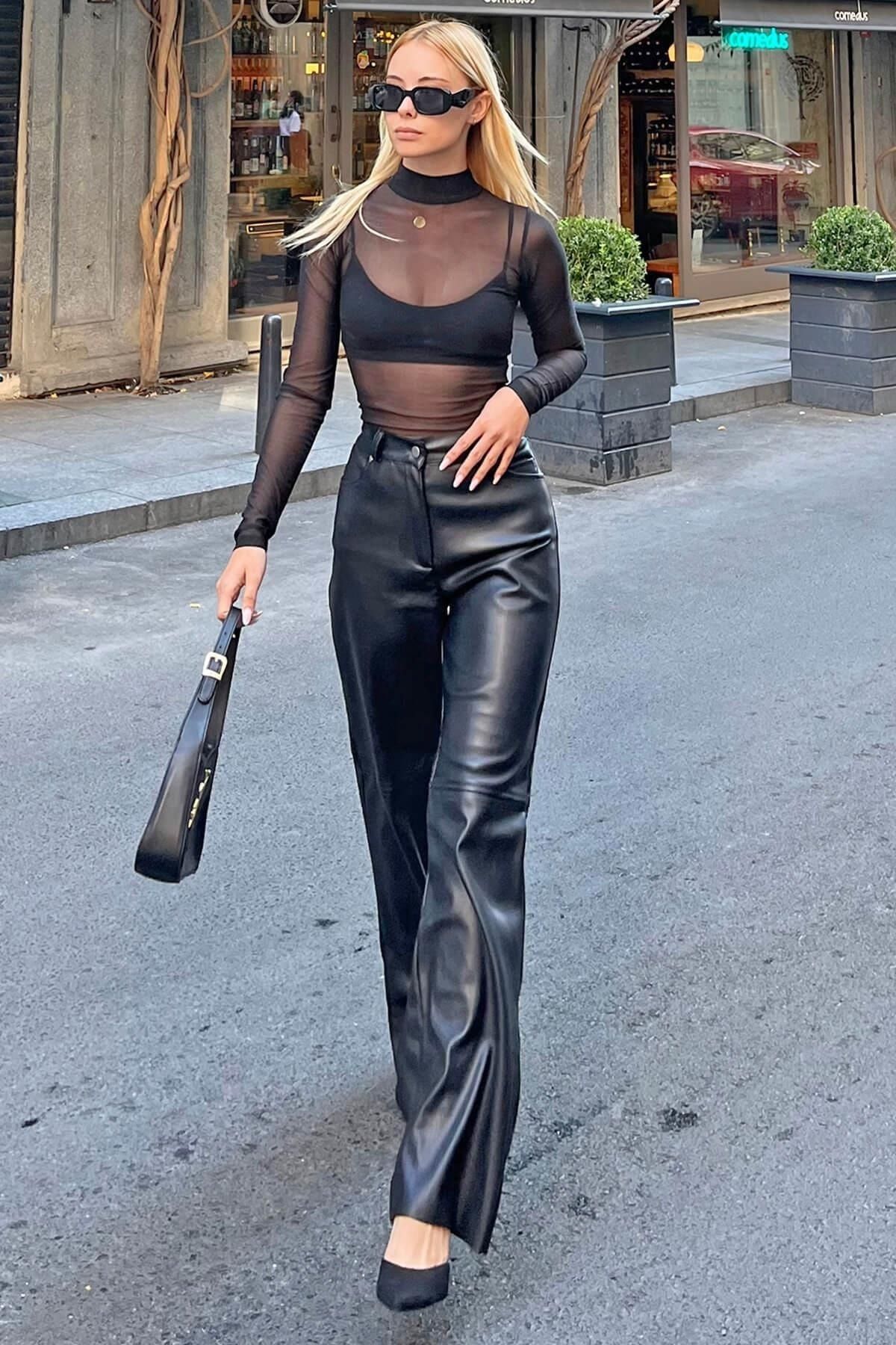 Swist Siyah Uzun Kol Tül Transparan Kadın Bluz