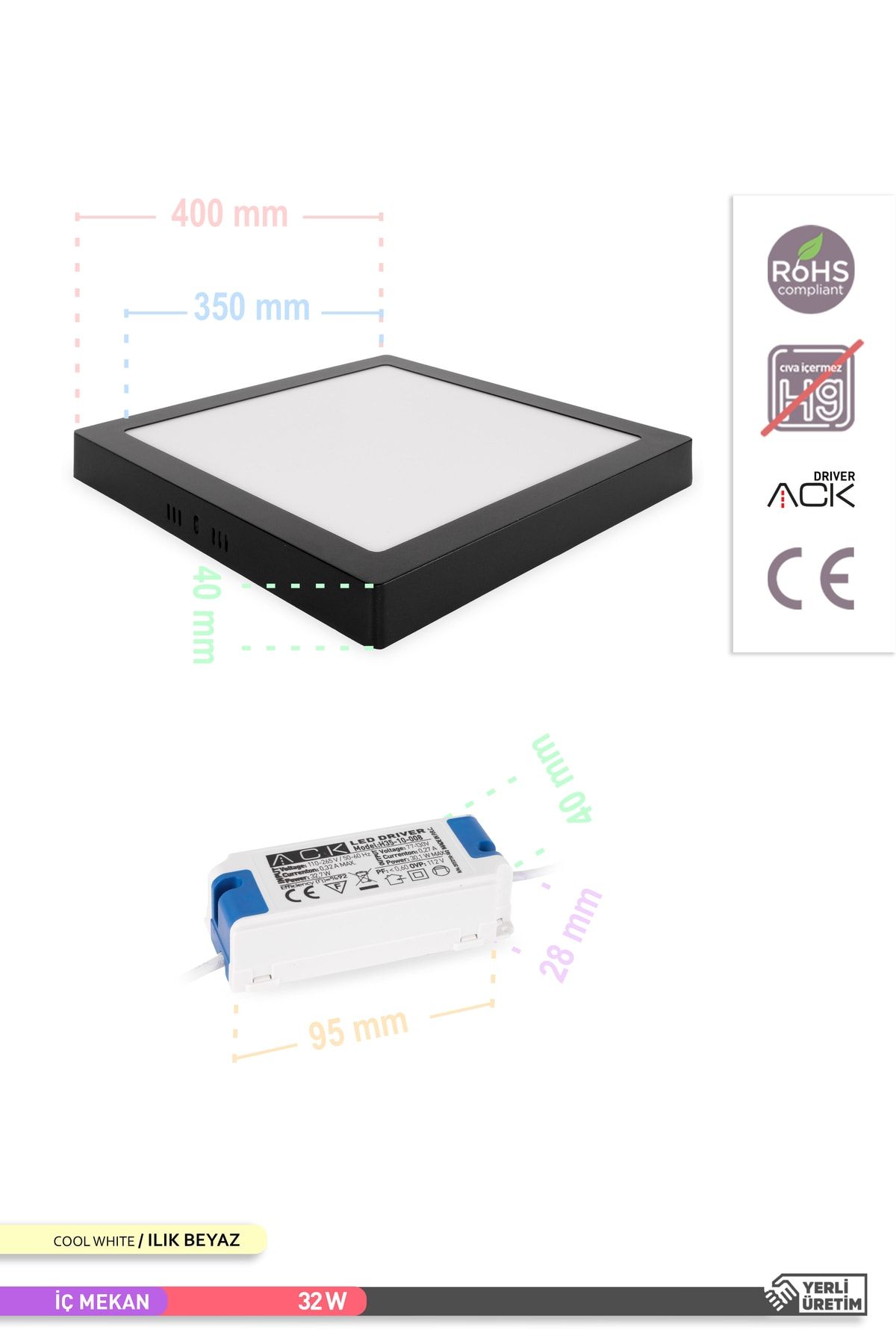 Ack 32W Siyah Sıva Üstü Kare Led Panel Armatür - 6500K Beyaz Işık