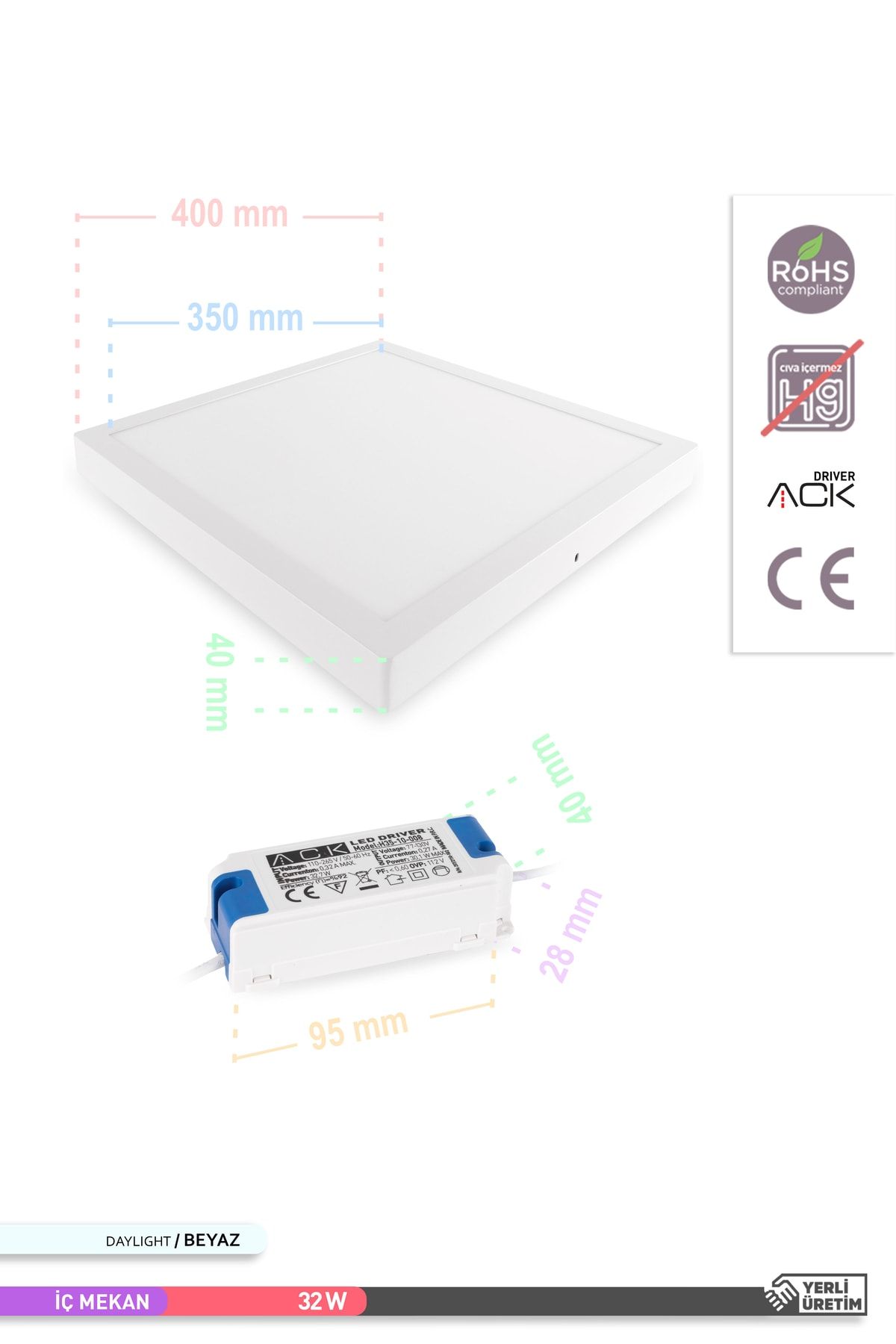Ack 32W Sıva Üstü Kare Led Panel Armatür - 6500K Beyaz Işık