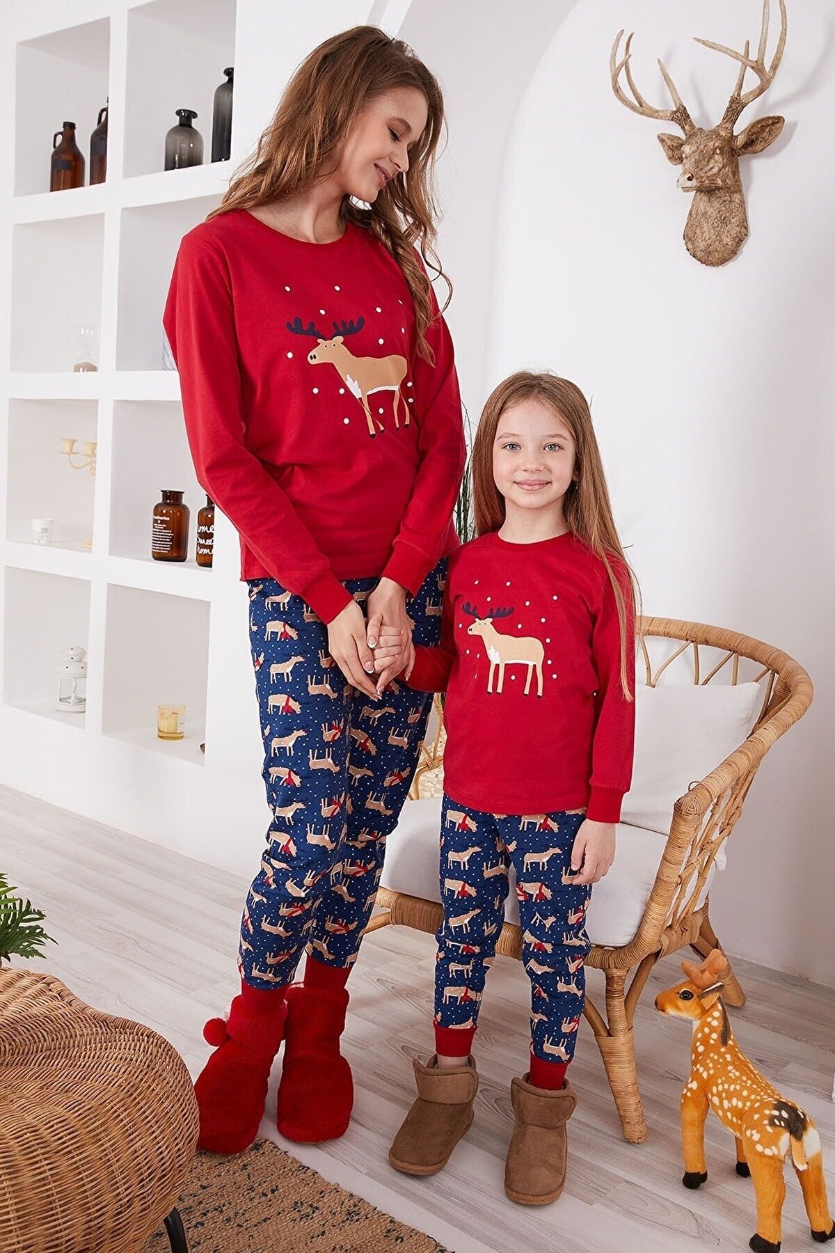 Rolypoly Deer Kırmızı Kadın Uzun Kol Pijama Takım