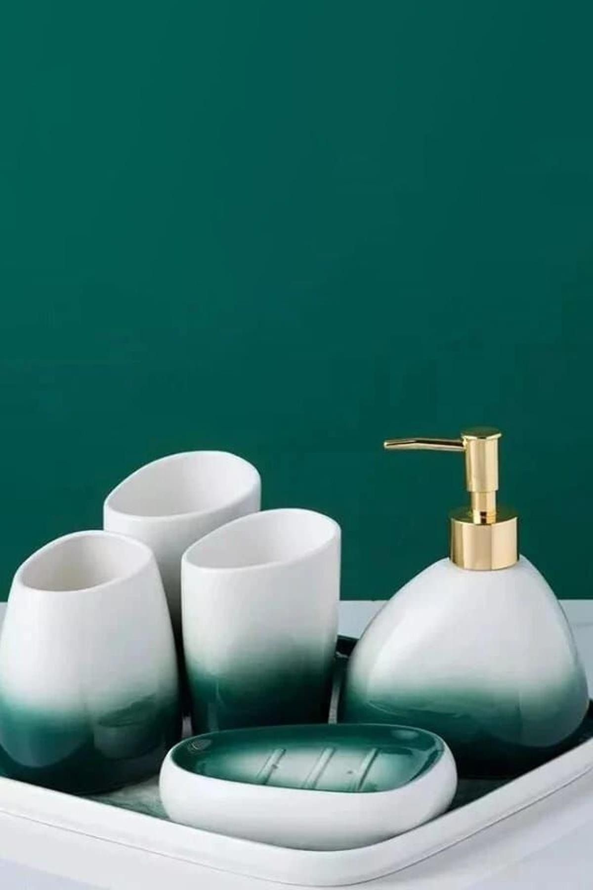 HomeTarz Porselen Banyo Seti Stantlı Wc Sıvı Sabunluk Lavabo Takımı 6lı