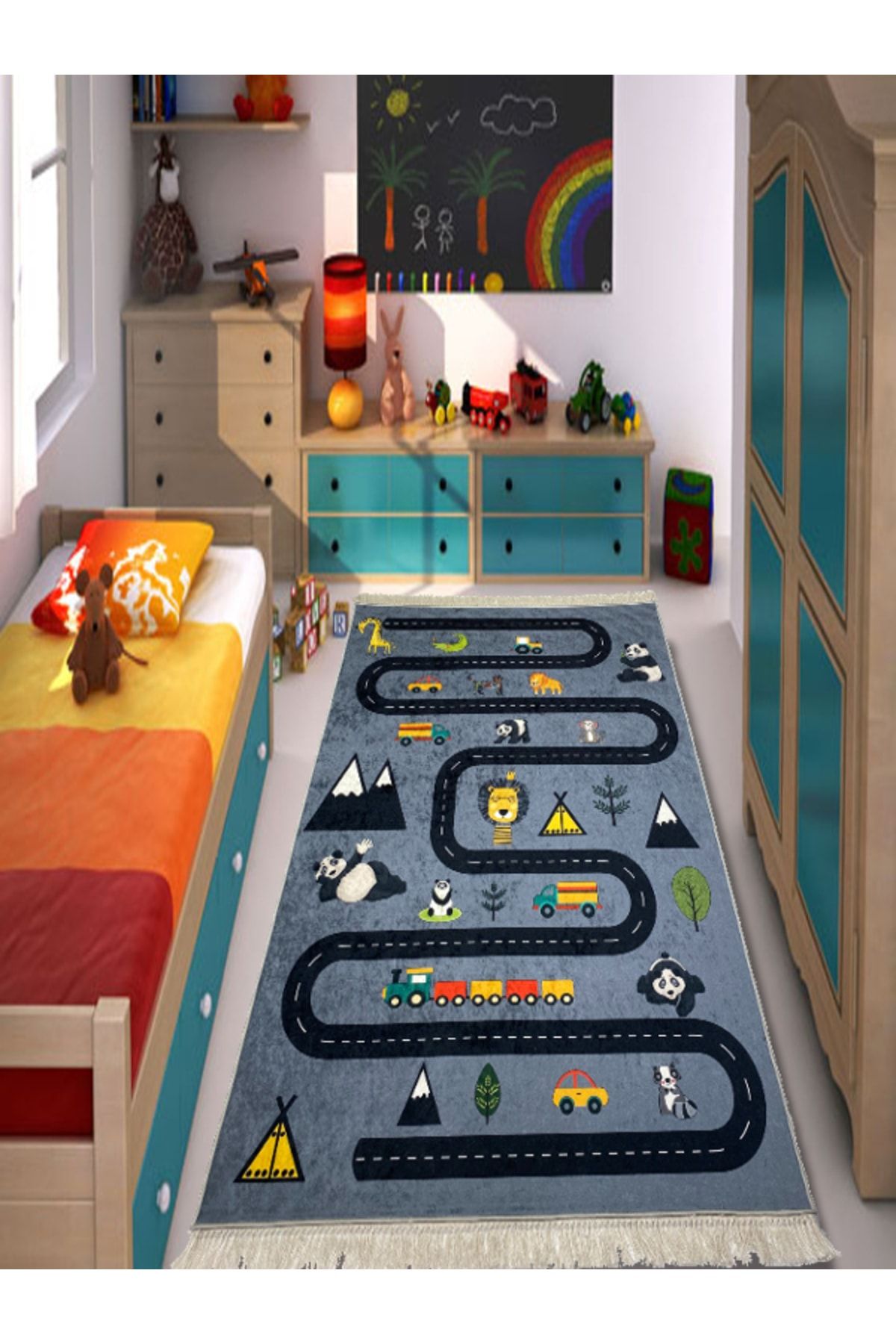 Evo Yol Desenli Dijital Baskı Çocuk & Bebek Odası Halısı Gri