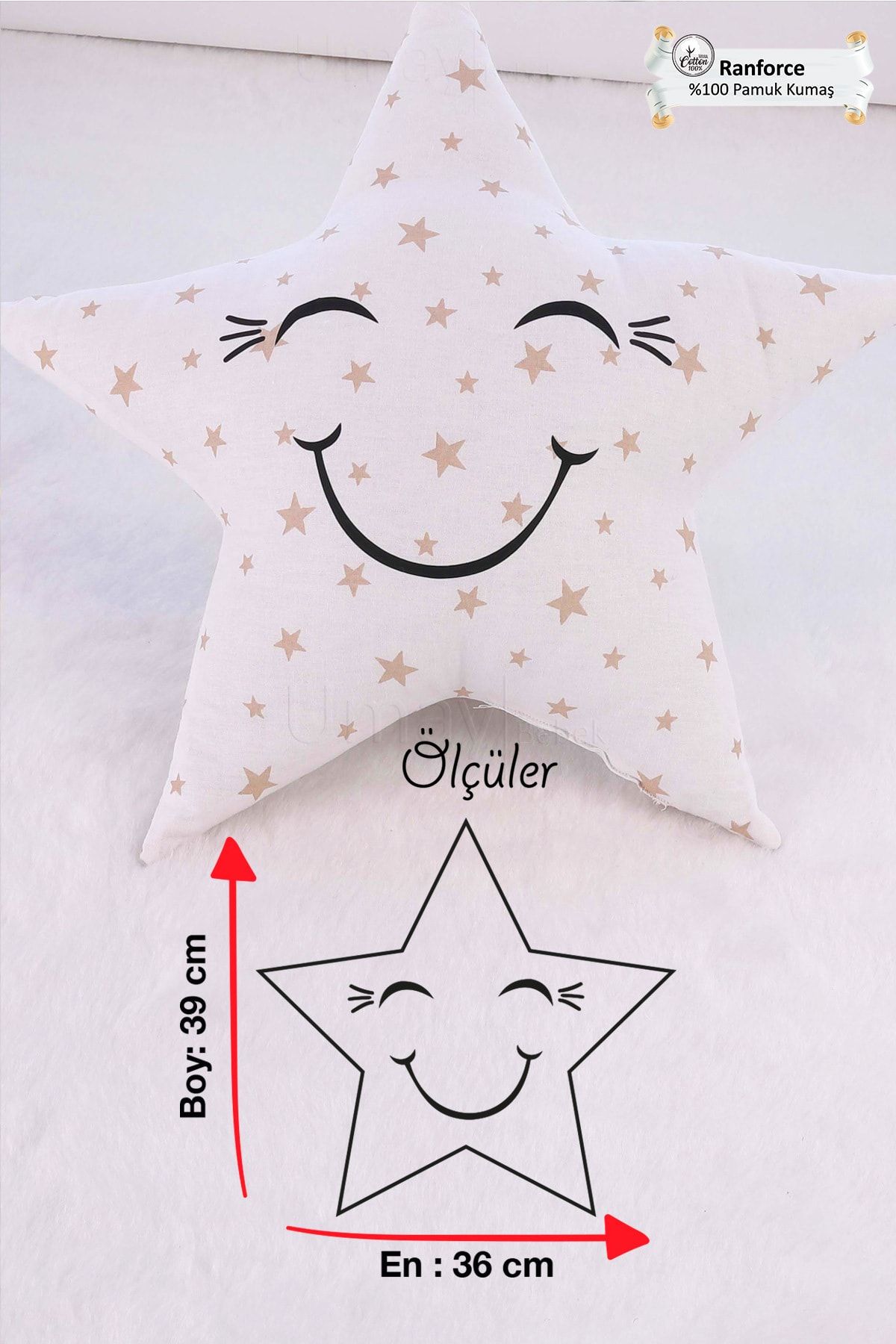 Umaybebek Bebek Çocuk Odası Yıldız Yastık, Dekoratif Yastık Pudra Yıldızlı