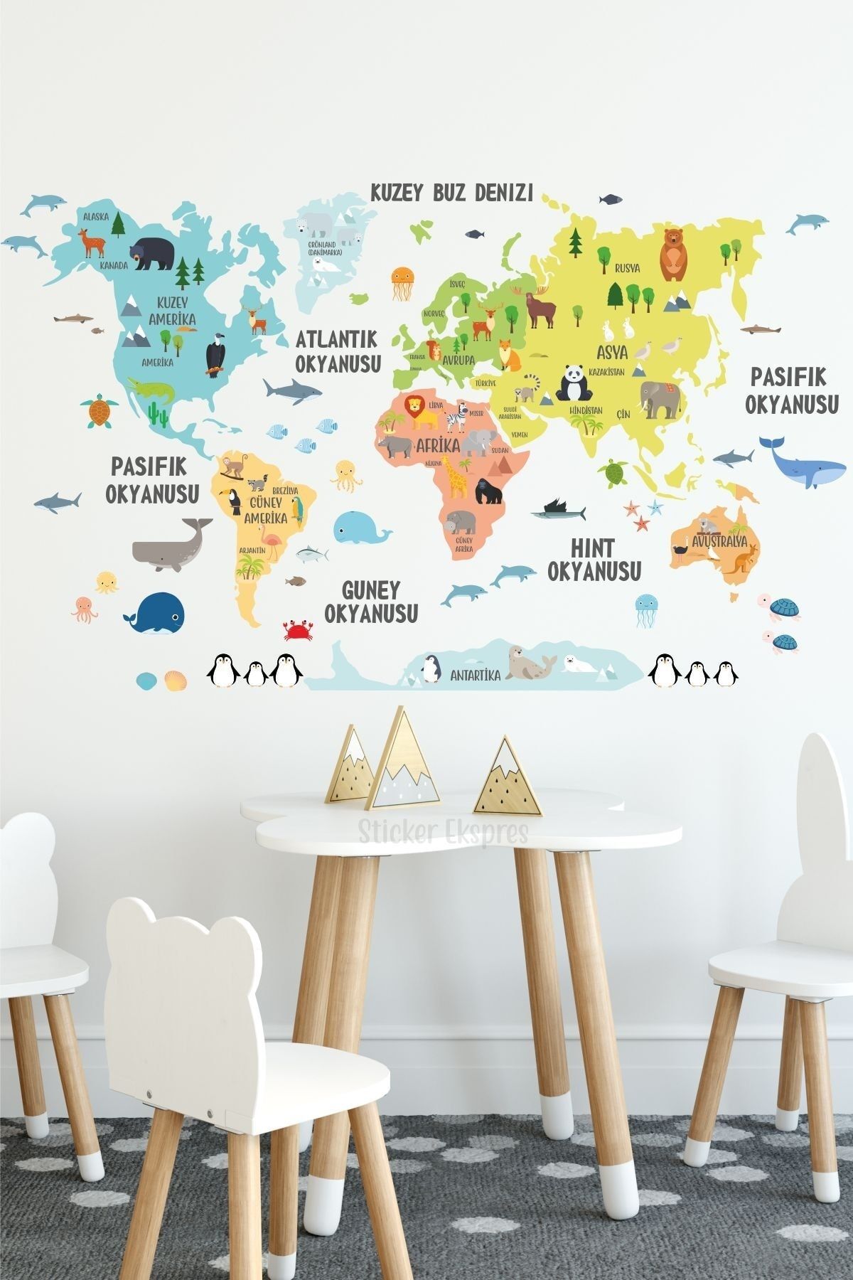 Sticker Ekspres Dream Türkçe Dünya Haritası Dünya Atlası Bebek Çocuk Odası Anaokulu Kreş Duvar Sticker