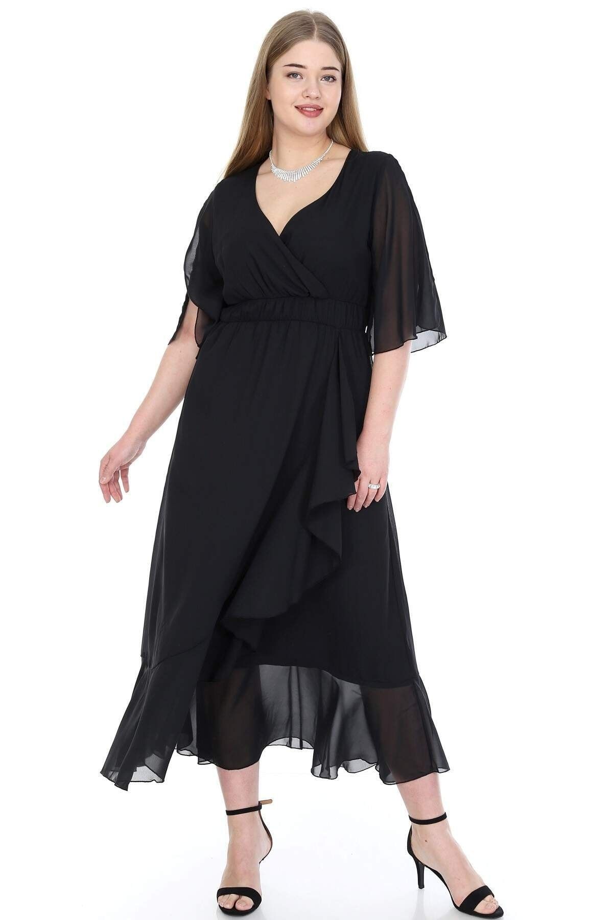 Angelino Kadın Siyah Şifon Uzun Elbise KL8020