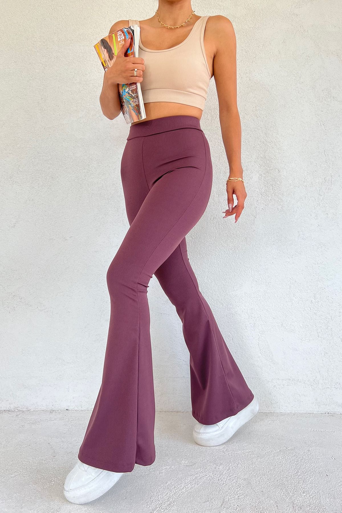 VOSSAX Kadın Kahverengi Fitilli Ispanyol Paça Yüksek Bel Toparlayıcı Pantolon Tayt
