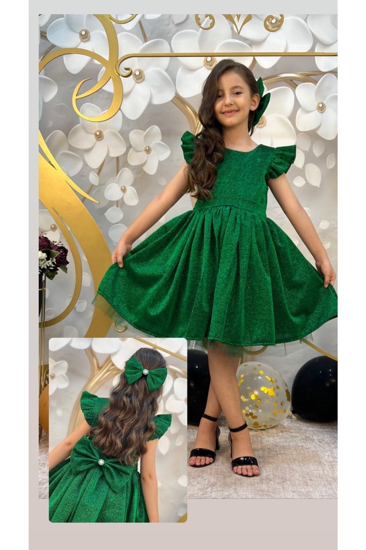 Pumpido Kız Çocuk Yeşil Simli Elbise