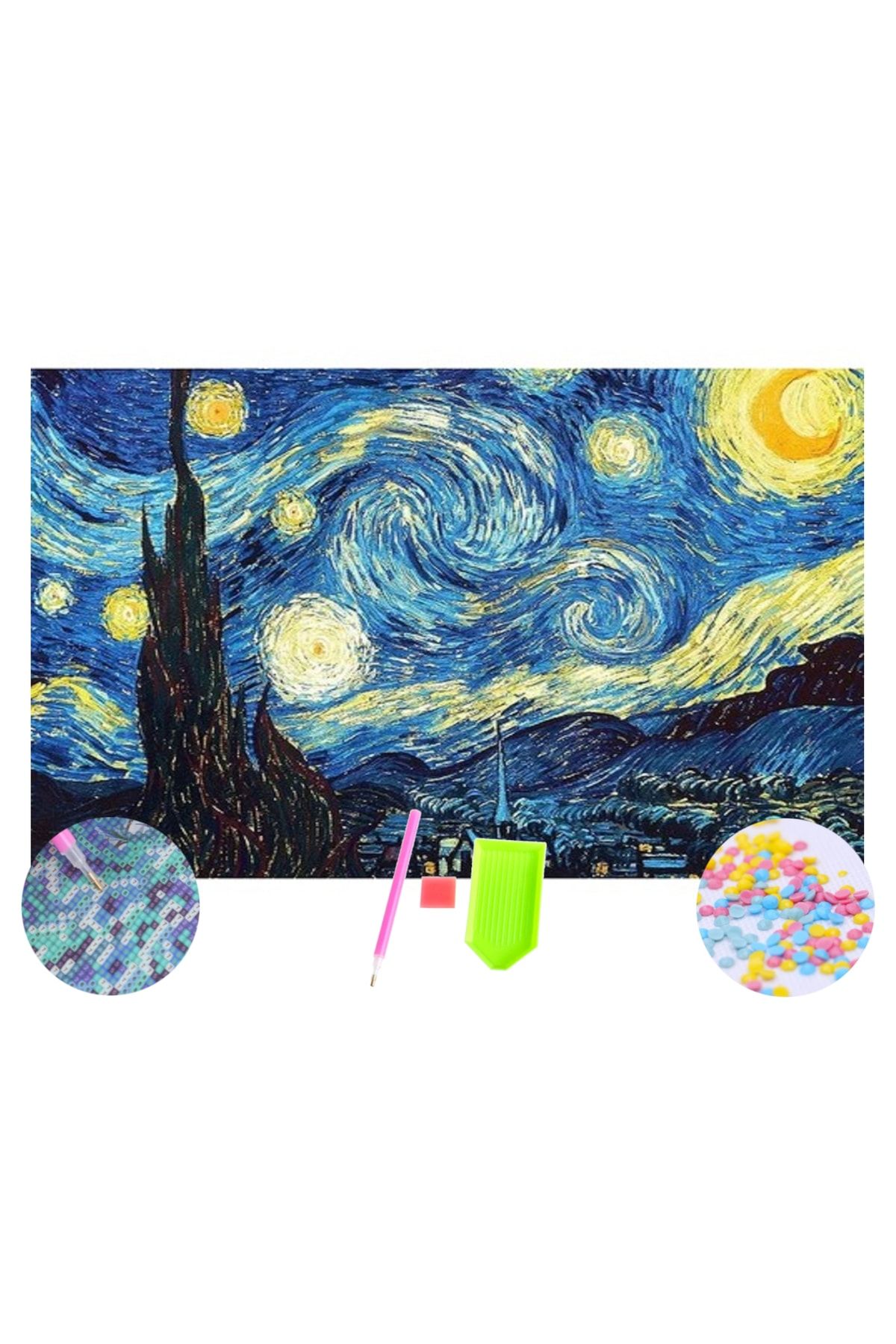 HONDEP 5d Elmas Boyama Mozaik Tablo 35x50 Cm Van Gogh Yıldızlı Gece Puzzle Tuval Seti