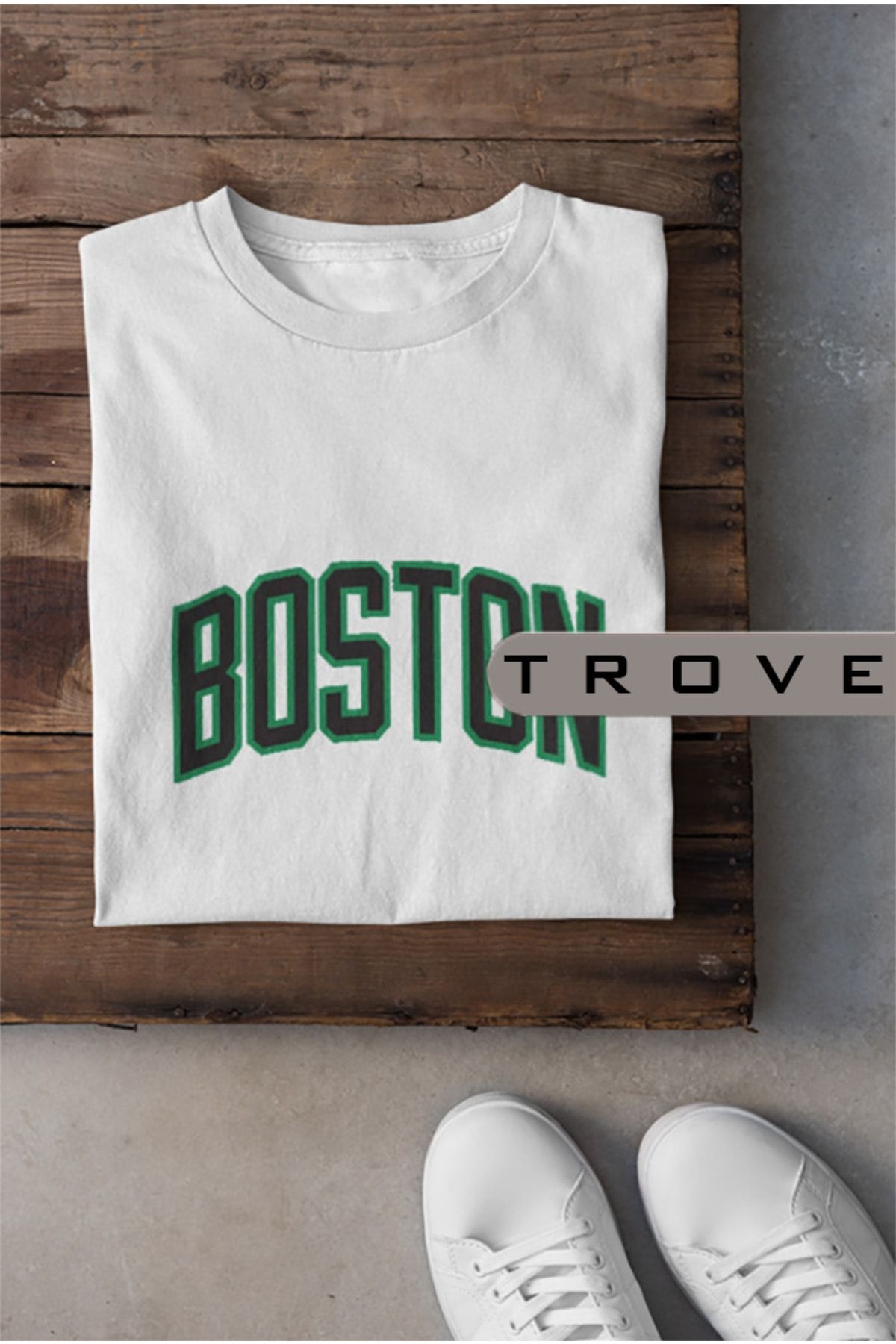 TROVE Unısex Siyah Beyaz Boston Baskılı Celtics % 100 Pamuk Tasarım T-shirt