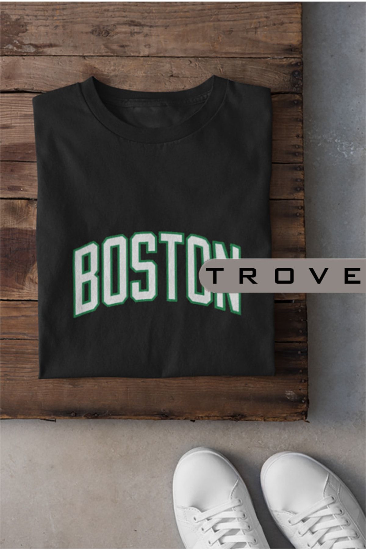 TROVE Unısex Kadın Erkek Siyah Beyaz Boston Baskılı Celtics % 100 Pamuk Tasarım T-shirt