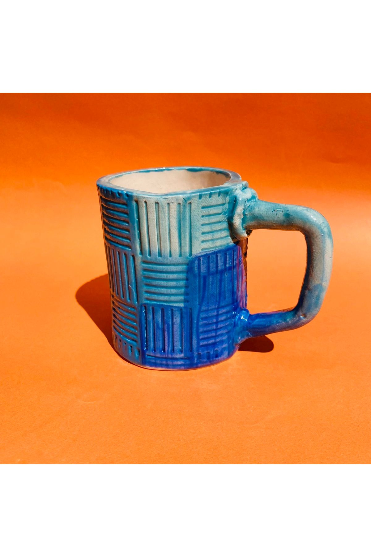 Lily & Loly Ceramics Loly Serisi "dark Blue Grid" Vintage Mavi Çizgili Kupa-el Yapımı Seramik Mug 180ml
