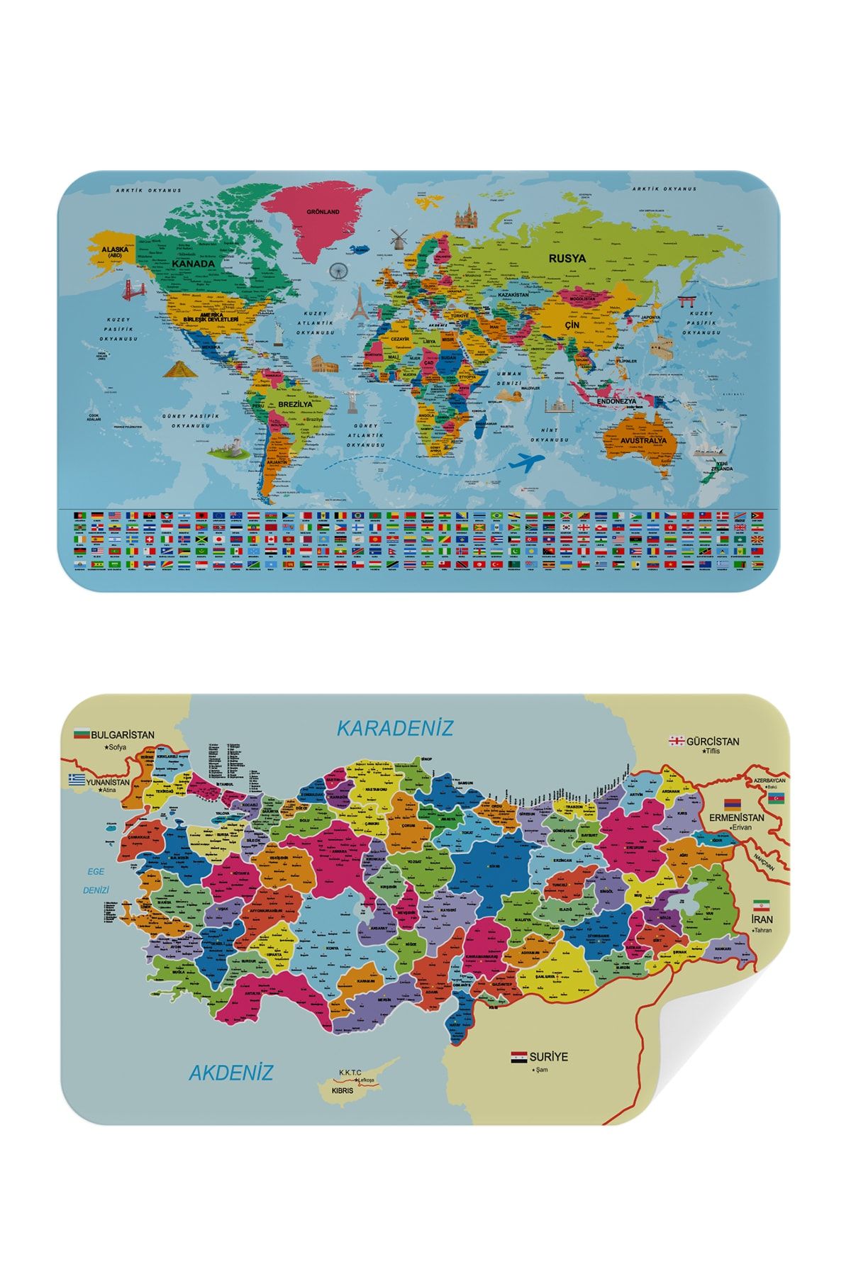 Harita Sepeti Türkçe Dünya Ve Türkiye Haritası Eğitici Öğretici Ülke Bayraklı Çocuk Odası Genç Odası Duvar Sticker